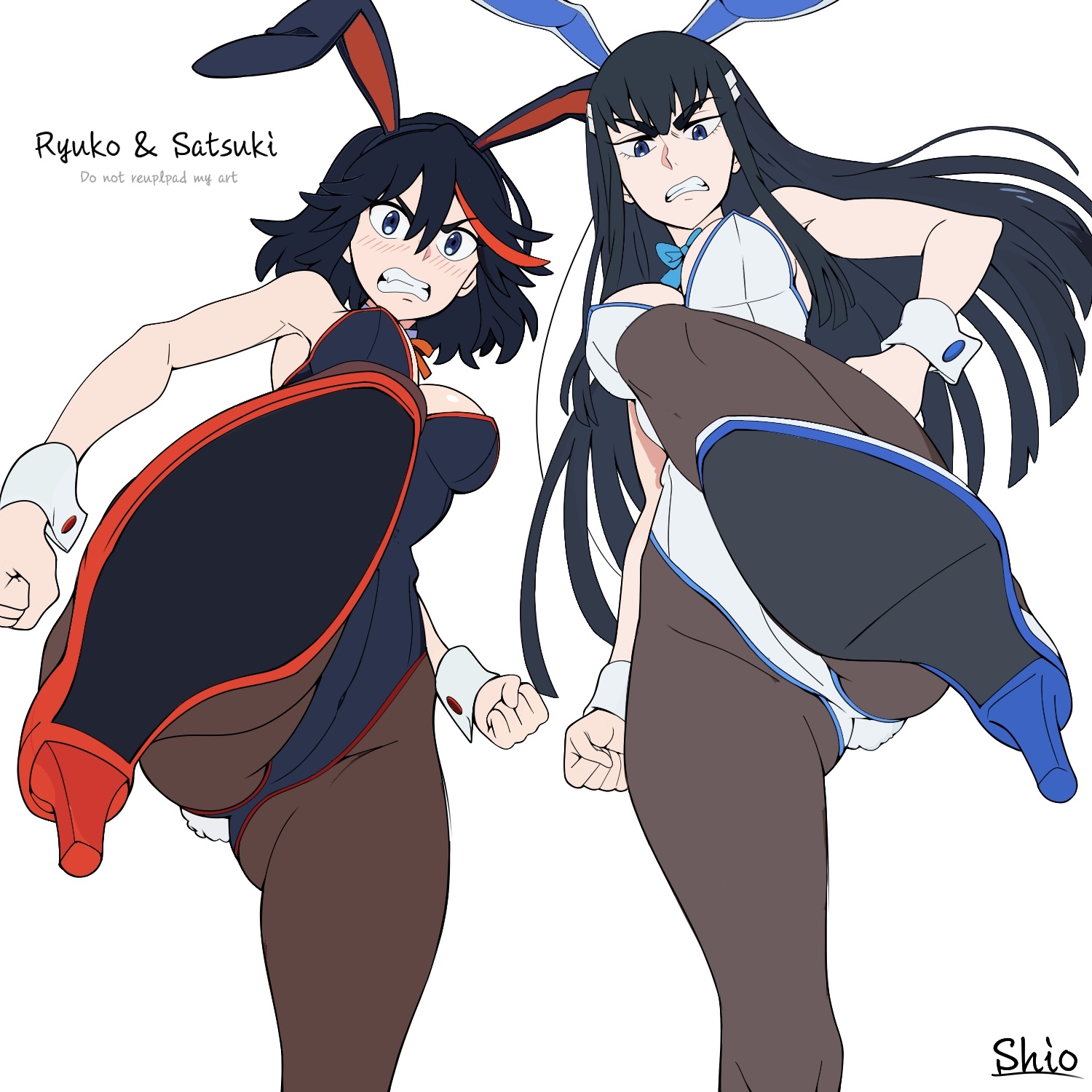 1:1, 1:1 aspect ratio, 2d, 2d (artwork), 2d artwork, 2girls, accessory, angry, angry expression, angry eyebrows, angry face, anime, anime character, anime girl, armpit, armpit crease, armpit peek, armpits, asian, asian female, asian girl, asian woman, background, baddie, bare armpits, bare arms, bare chest, bare hands, bare shoulders, bare skin, below view, bewitching thighs, big breasts, big sister, black bunny ears, black bunnysuit, black hair, black hairband, black headwear, black leotard, black topwear, black-haired female, blank background, blood related, blue bowtie, blue eyes, blue footwear, blue heels, blue high heels, blue shoes, blue-eyed female, blush face, blush lines, blushing, blushing at viewer, blushing female, blushing lines, bowtie, breasts, brown legwear, brown pantyhose, bunny costume, bunny ears, bunnygirl, bunnygirl outfit, bunnysuit, busty, busty female, busty girl, busty teen, busty teenager, calves, child bearing hips, clenched fist, clenched hands, collar, color, colored, colored hair, curvaceous, curvaceous body, curvaceous female, curvaceous figure, curvaceous hips, curvaceous teenager, curvy, curvy body, curvy female, curvy figure, curvy hips, curvy teen, detached collar, digital, digital art, digital drawing, digital drawing (artwork), digital media, digital media (artwork), disgust, disgusted, disgusted expression, disgusted face, disgusted look, down angle, down view, drawing, duo, elbows, exposed armpits, exposed arms, exposed chest, exposed shoulders, exposed skin, eyebrows visible through hair, eyes, fanart, female, female focus, female only, female protagonist, fertile, fertile hips, fingers, flushed, flushed cheeks, flushed face, footwear, from below, from below view, from bottom to top, from front, front view, frown, frown eyebrows, frowning, frowning at viewer, full body, full body view, groin, groin tendon, hair accessory, hair between eyes, hair ornament, hair ornaments, hairband, hairless armpits, headwear, heels, high heels, high school student, hips, hourglass figure, inguinal crease, inguinal ligament, inner thighs, japanese, japanese female, japanese girl, japanese woman, kill la kill, kiryuuin satsuki, knees, large breasts, lascivious, lean figure, legs, legwear, leotard, little sister, long hair, looking at viewer, looking down, looking down at viewer, low angle, low angle view, low-angle shot, low-angle view, main character, manga character, matoi ryuuko, monotone background, multicolored hair, multiple females, multiple girls, narrow waist, neckwear, older sister, one color background, pantyhose, plain background, playboy bunny, playboy bunny costume, playboy bunny leotard, playboy bunnysuit, playboy outfit, protagonist, red bowtie, red footwear, red hair, red heels, red high heels, red shoes, red-haired female, redhead, redhead female, school girl, school girls, schoolgirl, scowl, sexy female, shaved armpits, shiosatou999, shoes, short hair, shoulders, siblings, sister and sister, sisters, slender body, slender waist, slim female, slim waist, solid color background, split-color hair, standing, strapless, strapless leotard, studio trigger, teen girl, teenage female, teenage girl, teenage girls, teenager, thighs, top down view, topwear, two tone hair, under view, underboob, upward angle, v-shaped eyebrows, voluptuous, voluptuous body, voluptuous female, voluptuous figure, voluptuous teenager, voluptuous woman, white background, white bunny ears, white bunnysuit, white collar, white hairband, white headwear, white leotard, white neckwear, white topwear, white wrist cuffs, wide hips, worm's-eye view, worms-eye view, wrist cuffs, wristwear, young female, young woman, younger sister