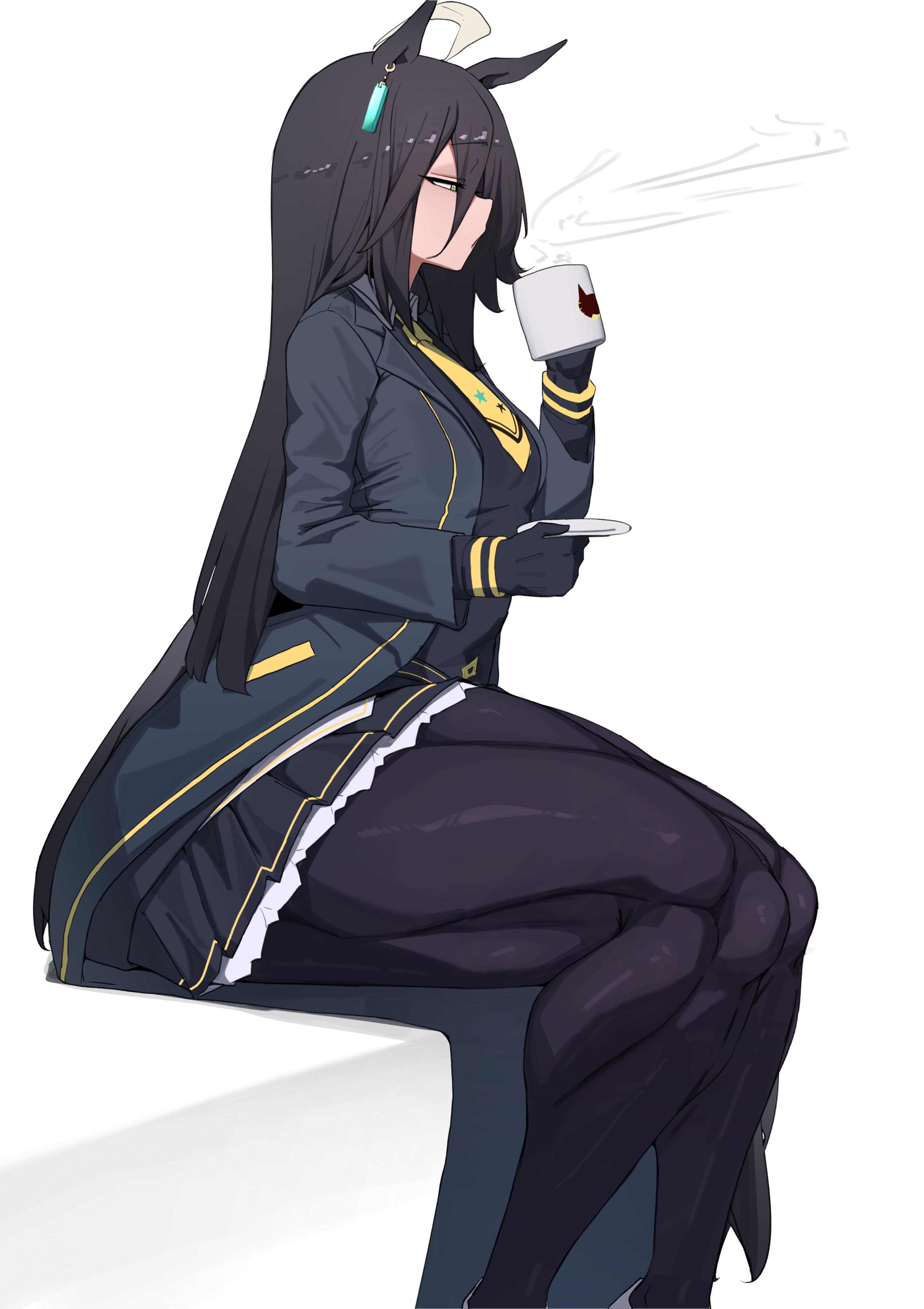 1girls, absurd res, artist request, athletic, athletic female, big ass, big butt, big thighs, curvy, curvy body, curvy female, curvy figure, giant thighs, highres, horse ears, horse girl, huge ass, huge butt, huge thighs, long hair, manhattan cafe (umamusume), muscular, muscular female, muscular legs, muscular thighs, simple background, sitting, solo, solo female, solo focus, thick thighs, umamusume, white background