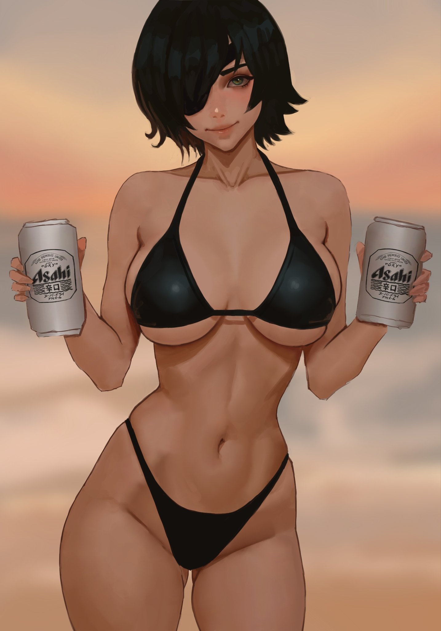 1girls, 2d, 2d (artwork), 2d artwork, adult, adult female, afternoon, afternoon sky, akinoshi, almost naked, almost nude, anime, anime character, anime girl, artist name, ass visible from the front, ass visible through thighs, baddie, bare arms, bare belly, bare chest, bare hands, bare hips, bare legs, bare midriff, bare navel, bare shoulders, bare skin, bare thighs, beach, beach background, beach setting, beer, belly, belly button, bewitching thighs, big boobs, big breasts, bikini, bikini bottom, bikini only, bikini top, black bikini, black bikini bottom, black bikini top, black eyebrows, black eyepatch, black hair, black swimsuit, black swimwear, black-haired female, blurred background, blurry background, breasts, breasts apart, busty, busty female, busty girl, chainsaw man, child bearing hips, closed mouth smile, collarbone, color, colored, cowboy shot, curvaceous, curvaceous body, curvaceous female, curvaceous figure, curvaceous hips, curvaceous thighs, curvy, curvy body, curvy female, curvy figure, curvy hips, curvy thighs, dark hair, day, daylight, daytime, depth of field, digital, digital art, digital drawing, digital drawing (artwork), digital media, digital media (artwork), drawing, elbows, exposed, exposed arms, exposed belly, exposed chest, exposed hips, exposed legs, exposed midriff, exposed navel, exposed shoulders, exposed skin, exposed thighs, eye-level view, eyebrows, eyepatch, eyes, facing viewer, fanart, feet out of frame, female, female focus, female only, fertile, fertile hips, fingernails, fingers, fit female, foot out of frame, from front, front view, green eyes, green-eyed female, groin, hair, hair between eyes, hair covering eye, hair over eye, hair over one eye, halterneck, head tilt, himeno (chainsaw man), hip dips, hips, hourglass figure, inframammary fold, inguinal crease, inguinal ligament, inviting to drink, knees out of frame, large boobs, large breasts, lascivious, lean figure, leg out of frame, legs out of frame, light smile, linea alba, lip gloss, lips, lipstick, looking at viewer, manga character, mappa, mature, mature female, mature woman, midriff, mostly nude, naked, naked female, naked woman, narrow waist, navel, nearly nude, nude, nude female, nudity, ocean background, outdoor, outdoor background, outdoor nudity, outdoors, outside, outside nudity, pink lips, pink lipstick, portrait, posing, posing for the viewer, posing naked, posing nude, practically nude, sea, sea background, seaside, sexy female, shonen jump, short hair, shoulders, shueisha, skindentation, sky background, slender body, slender waist, slight smile, slim female, slim waist, smile, smiley face, smiling, smiling at viewer, solo, standing, stomach, string bikini, summer setting, sun, sunlight, sunny, sunset, sunset background, sunset sky, swimsuit, swimwear, thick thighs, thigh gap, thighs, thighs out of frame, tilted head, toned, toned belly, toned body, toned female, top view, underboob, upper body, voluptuous, voluptuous body, voluptuous female, voluptuous figure, voluptuous woman, weekly shonen jump, wide hips, woman