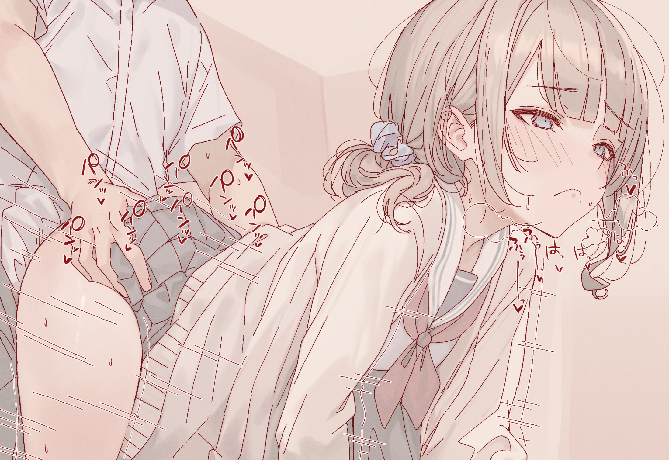 1boy, 1girls, blush, clothed, clothed sex, doggy style, female, from behind, male, mochizuki honami, penetration, project sekai, sex, sex from behind, suujiniku