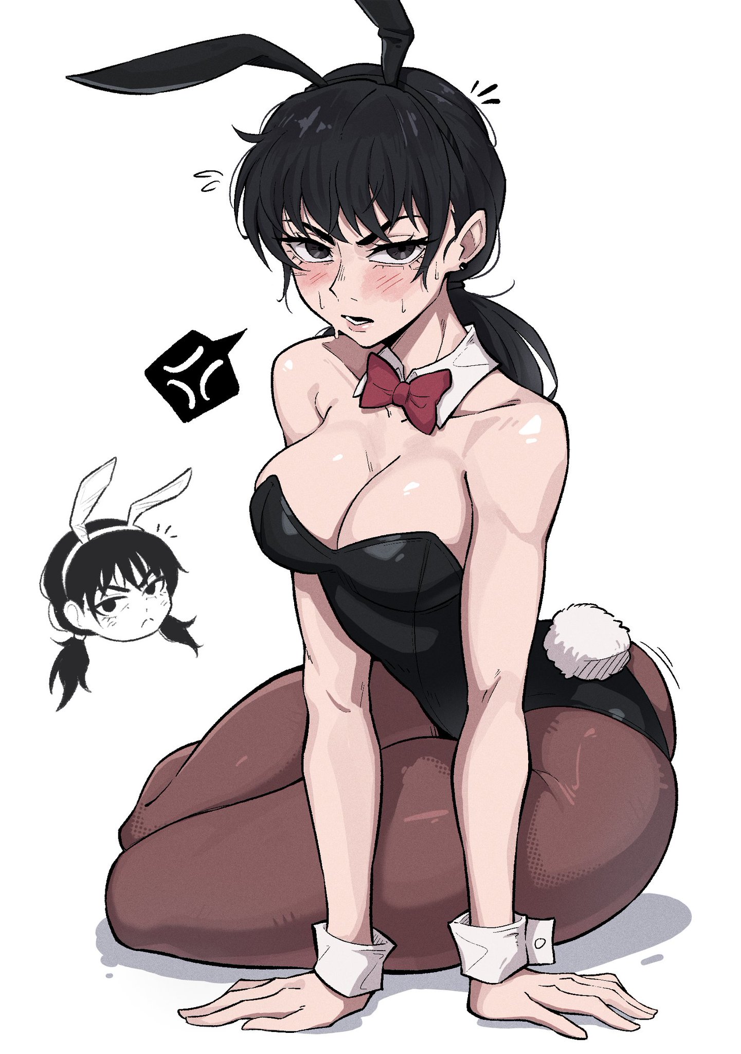 1girls, anger vein, angry, ass, big ass, big breasts, big thighs, black eyes, black hair, blush, blushing, breasts, bunny ears, bunny girl, bunny tail, bunnysuit, chainsaw man, cleavage, collar, csr ap07, cuffs, embarrassed, female, female only, huge ass, huge breasts, huge thighs, kneeling, large ass, large breasts, large thighs, leotard, looking at viewer, mitaka asa, pantyhose, ponytail, solo, solo female, solo focus, sweat, thick, thick ass, thick thighs, thighs, twintails, white background