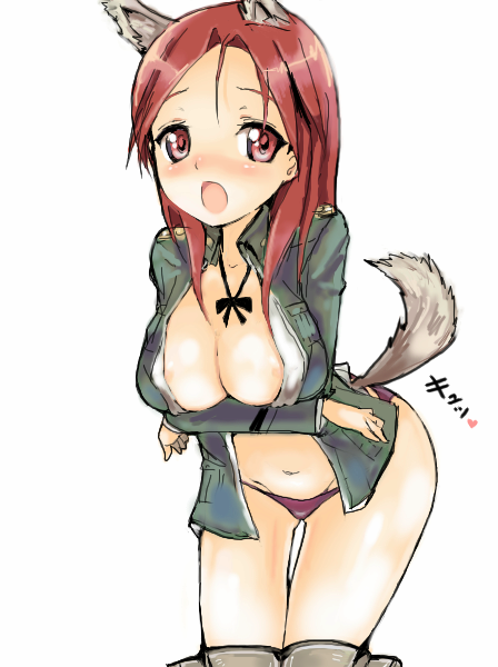 animal_ears areola areolae blush breast_hold breasts cleavage clothing crossed_arms large_breasts leaning_forward minna-dietlinde_wilcke navel open_mouth panties red_eyes red_hair strike_witches striker_unit striker_units tail underwear wolf_ears