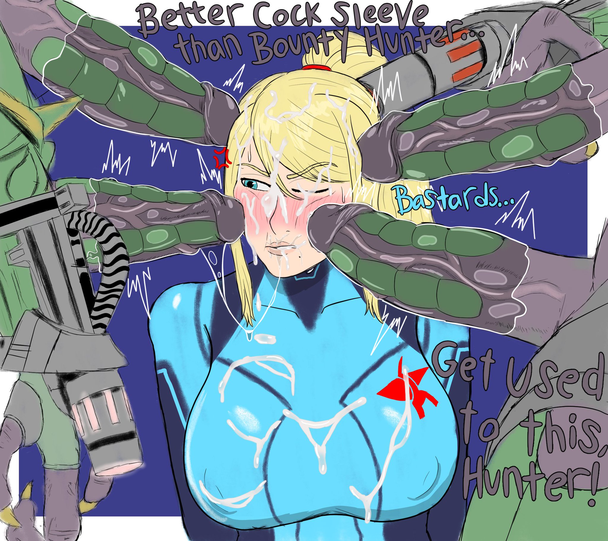 1girls, 4boys, alien, alien male, alien on human, alien/human, angry, angry expression, angry face, bad end, blonde hair, blue eyes, caught, cum, cum in hair, cum in mouth, cum on body, cum on breasts, cum on face, cum trail, defeated, defeated heroine, imminent sex, implied oral, metroid, multiple boys, nintendo, questionable consent, redline surrounded by guns (meme), saliva, saliva trail, samus aran, space pirate, space pirate (metroid), surrounded by penises, zero suit samus