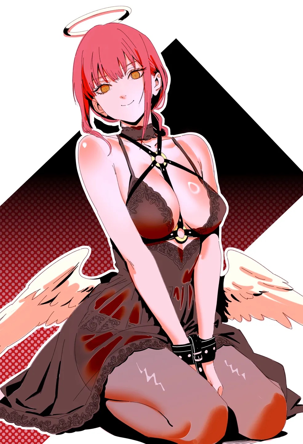 1girls, 2d, 2d (artwork), 2d artwork, adult, adult female, anime, anime character, anime girl, antagonist, babydoll, babydoll lingerie, background, baddie, bewitching thighs, big boobs, big breasts, black babydoll, black camisole, black choker, black neckwear, blank background, braid, braided hair, braided ponytail, braids, breasts, brown legwear, brown stockings, brown thigh highs, brown thighhighs, busty, busty female, busty girl, camisole, chained wrists, chainsaw man, child bearing hips, choker, cleavage, closed mouth smile, collarbone, color, colored, cuff (restraint), cuffed wrists, cuffs, curvaceous, curvaceous body, curvaceous female, curvaceous figure, curvaceous hips, curvy, curvy body, curvy female, curvy figure, curvy hips, digital, digital art, digital drawing, digital drawing (artwork), digital media, digital media (artwork), drawing, eruart, eyebrows visible through hair, eyes, fanart, female, female focus, female only, fertile, fertile hips, glistening boobs, glistening breasts, glistening hair, glistening legs, glistening shoulders, glistening skin, glistening thighs, glossy breasts, glossy hair, groin, halo, hand between legs, hand between own legs, hand between thighs, hands between legs, hands between thighs, head tilt, hips, hourglass figure, knees, large boobs, large breasts, lascivious, lean figure, legs, legs folded, legwear, long hair, looking at viewer, makima (chainsaw man), manga character, mappa, mature, mature female, mature woman, monotone background, narrow waist, neckwear, nipple bulge, one color background, plain background, ponytail, portrait, posing, posing for the viewer, red hair, red-haired female, redhead, redhead female, restrained wrists, ring eyes, ringed eyes, seiza, sexy female, shiny breasts, shiny hair, shiny legs, shiny shoulders, shiny skin, shiny thighs, shonen jump, shoulders, shueisha, sidelocks, single braid, sitting, sitting on ass, sitting on feet, sitting on floor, sitting on ground, sitting on knees, sitting on leg, sitting on soles, slender body, slender waist, slim female, slim waist, smile, smiley face, smiling, smiling at viewer, solid color background, solo, stockings, thigh highs, thighhighs, thighs, tied hair, tilted head, villain, villainess, voluptuous, voluptuous body, voluptuous female, voluptuous figure, voluptuous woman, weekly shonen jump, white background, white wing, white wings, wide hips, wing, wings, woman, wrist cuff, wrist cuffs, wrists restrained, yellow eyes, yellow-eyed female