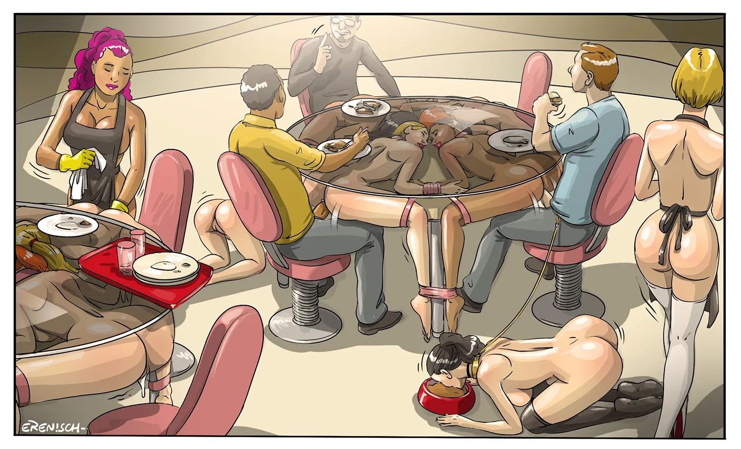 10girls, 2d, 3boys, 6+girls, after sex, all fours, apron, ass, black hair, black-haired female, blonde female, blonde hair, bondage, bound to table, bound together, casual sex, chair, clothed male nude female, collar, commodification, cum, cum leaking, cum leaking out of pussy, dark skin, dark-skinned female, dark-skinned male, dog bowl, dystopia, eating, erection, erenisch, femsub, forniphilia, glass table, group sex, human, human furniture, human only, illustration, interracial, interracial sex, leaking cum, leash, leash and collar, legal slavery, light skin, light-skinned female, light-skinned male, maledom, motion lines, multiple boys, multiple girls, nude, nude female, nude female clothed male, open fly, original, original character, penis, petplay, public, public nudity, public sex, public use, rear pussy, rear view, redhead, redhead female, restaurant, sex, sex slave, sitting, sitting on chair, slave, slave collar, slave girl, table, under the table, vaginal penetration, vaginal sex