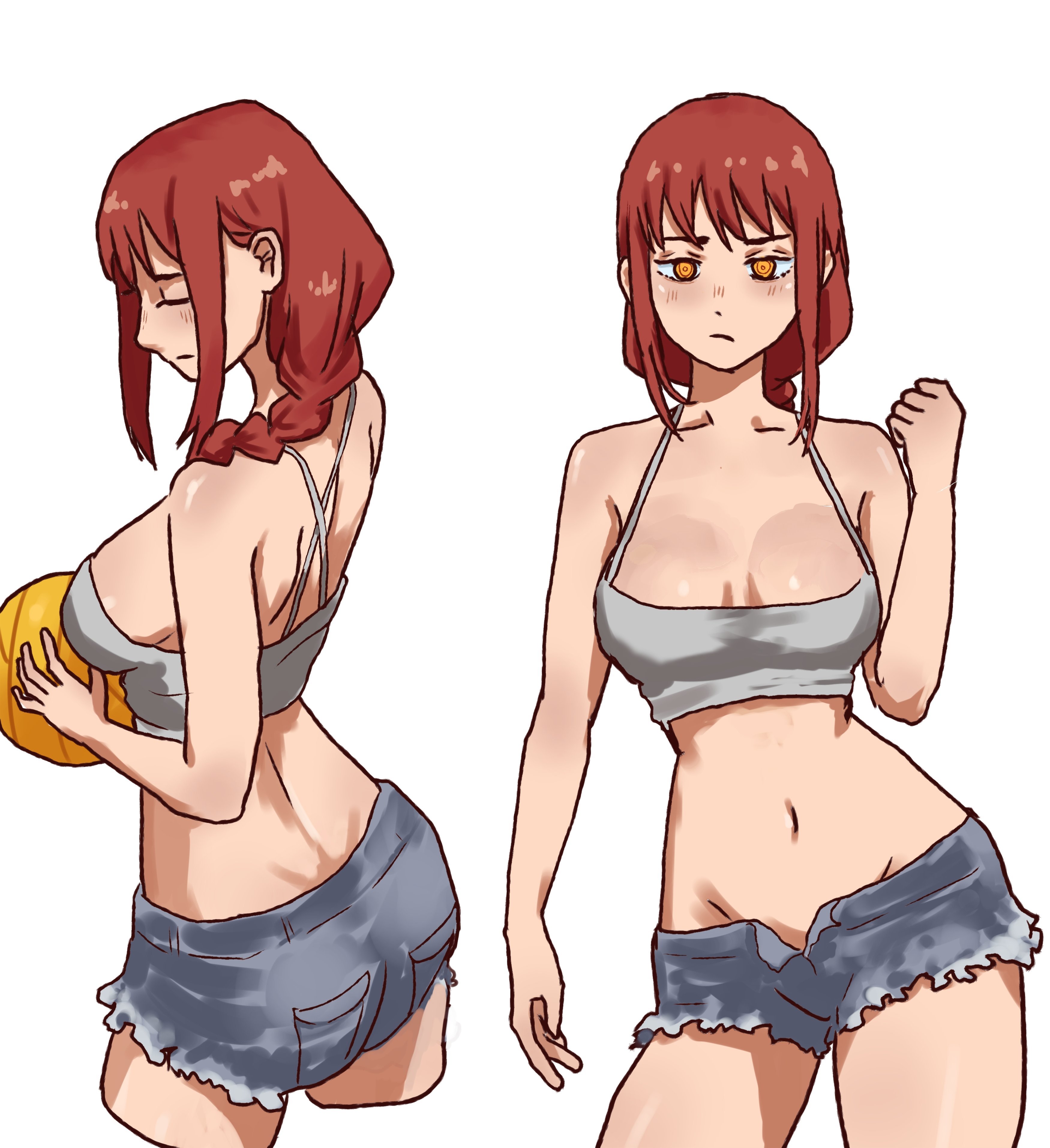 ///, 1girls, 2d, 2d (artwork), 2d artwork, adult, adult female, alternate angle, alternate view, anime, anime character, anime girl, antagonist, back, back dimples, back shot, back view, backboob, background, ball, bare arms, bare back, bare belly, bare chest, bare hands, bare hips, bare legs, bare midriff, bare navel, bare shoulders, bare skin, bare thighs, behind view, belly, belly button, big boobs, big breasts, blank background, blue bottomwear, blue shorts, blush face, blush lines, blushing, blushing at viewer, blushing female, blushing lines, bottomwear, braid, braided hair, braided ponytail, braids, breasts, busty, busty female, busty girl, chainsaw man, cleavage, collarbone, color, colored, cowboy shot, curvaceous, curvaceous body, curvaceous female, curvaceous figure, curvaceous hips, curvy, curvy body, curvy female, curvy figure, curvy hips, different angle, digital, digital art, digital drawing, digital drawing (artwork), digital media, digital media (artwork), dimples of venus, drawing, elbows, exposed arms, exposed back, exposed belly, exposed chest, exposed hips, exposed legs, exposed midriff, exposed navel, exposed shoulders, exposed skin, exposed thighs, eye-level view, eyes, facing viewer, fanart, female, female focus, female only, fingers, flushed, flushed cheeks, flushed face, from back, from behind, from behind angle, from behind view, from front, front view, frown, frown eyebrows, frowning, frowning at viewer, glistening boobs, glistening breasts, glistening hair, glistening legs, glistening shoulders, glistening skin, glistening thighs, glossy breasts, glossy hair, grey tank top, grey topwear, groin, hips, hourglass figure, inframammary fold, inguinal crease, inguinal ligament, jean shorts, knees out of frame, large boobs, large breasts, lean figure, leg out of frame, legs out of frame, long hair, looking at viewer, makima (chainsaw man), manga character, mappa, mature, mature female, mature woman, median furrow, midriff, monotone background, multiple views, narrow waist, navel, one color background, plain background, pluvion, ponytail, portrait, posing, posing for the viewer, posing naked, posing nude, rear view, red hair, red-haired female, redhead, redhead female, ring eyes, ringed eyes, scowl, shiny breasts, shiny hair, shiny legs, shiny shoulders, shiny skin, shiny thighs, shonen jump, shorts, shoulder blades, shoulders, shueisha, sideboob, sidelocks, single braid, slender body, slender waist, slim female, slim waist, solid color background, solo, standing, tank top, thighs, thighs out of frame, three quarter view, three-quarter view, tied hair, top view, topwear, upper body, v-shaped eyebrows, villain, villainess, voluptuous, voluptuous body, voluptuous female, voluptuous figure, voluptuous woman, weekly shonen jump, white background, wide hips, woman, yellow eyes, yellow-eyed female