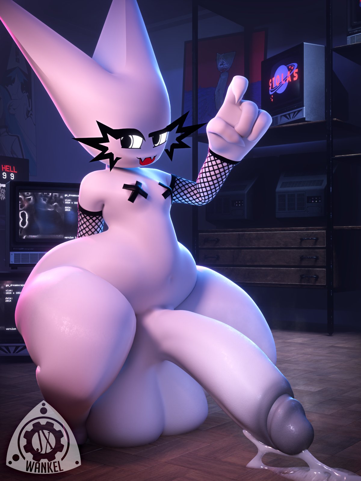1futa, 1girl, 3d, anthro, balls, ballsack, big balls, big penis, big thighs, cum, cumming, ejaculation, femtanyl, fishnets, flat chest, futanari, highres, huge balls, huge penis, huge thighs, jxwankel, looking at viewer, penis, small breasts, solo, solo female, solo futa, taped nipples, thighs, token (femtanyl)