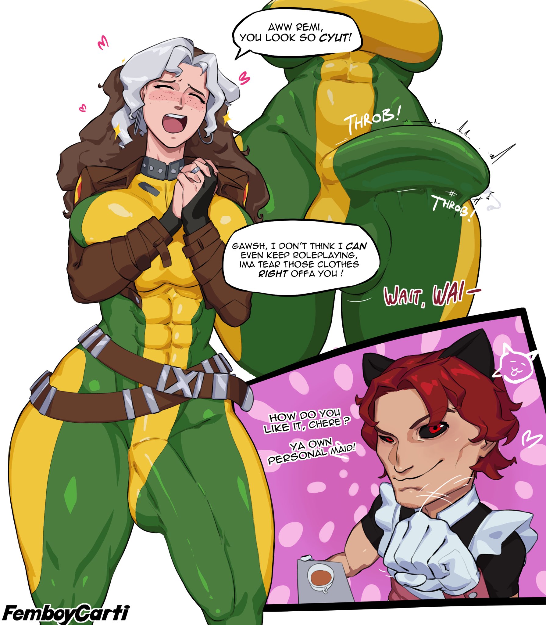 1boy, 1futa, abs, big breasts, bodysuit, bulge, bulge through clothing, dick, dickgirl, english text, erection, erection under clothes, femboycarti, futa focus, futanari, gambit, gambit (marvel rivals), horny, horny futa, huge cock, huge penis, imminent sex, large penis, male, marvel, marvel comics, marvel rivals, mutant (marvel), penis, rogue (marvel rivals), rogue (x-men), text, thick penis, x-men