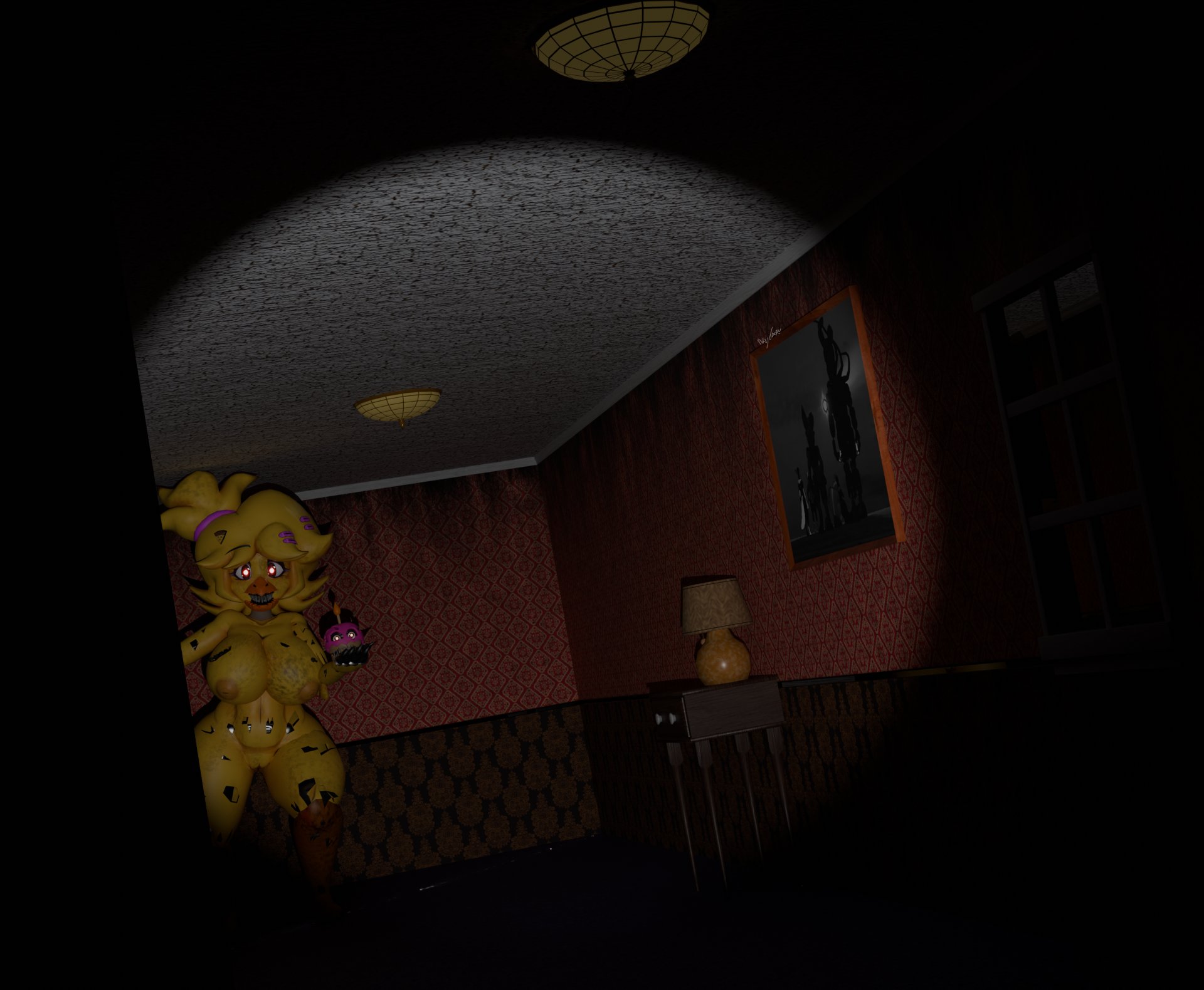 1female, 3d, anthro, big breasts, breasts, chiku, cryptiacurves, cupcake, cupcake (fnaf), dark room, fazclaire's nightclub, female, five nights at freddy's, flashlight, fredina's nightclub, furry, hallway, ikytaru, looking at viewer, naked, naked female, nightmare chica (fnaf), scaroused, scary, solo, thick thighs, voluptuous, wide hips