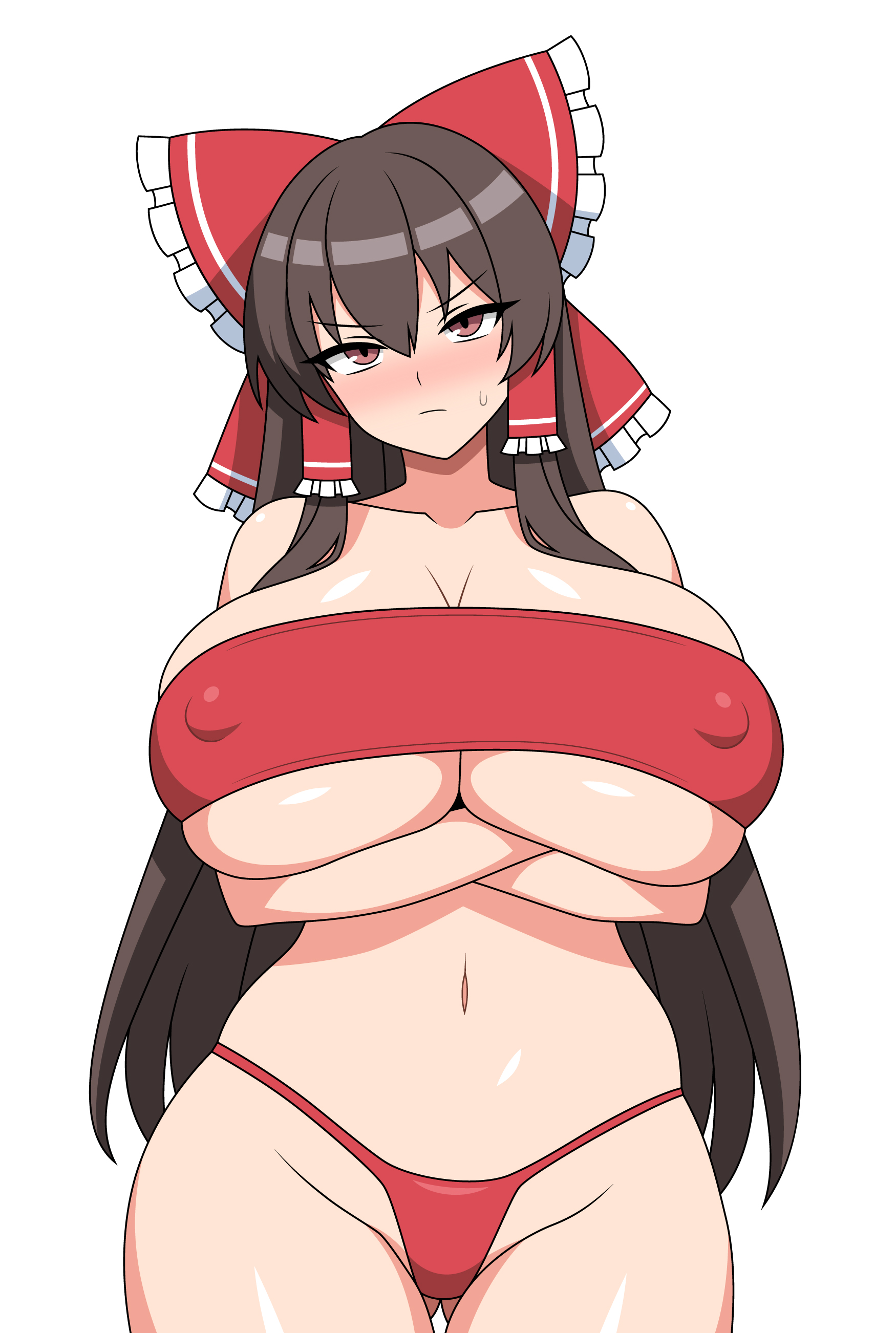 1girls, absurdres, annoyed, ass visible through thighs, bandeau, blush, bow, breasts, brown eyes, brown hair, cleavage, covered erect nipples, crossed arms, female, frilled bow, frilled hair tubes, frills, gluteal fold, hair tubes, hairbow, hakurei reimu, highres, huge breasts, long hair, midriff, navel, panties, red bow, red panties, red tube top, reimu hakurei, sidelocks, simple background, solo, ssaf seibeupail, strapless, sweatdrop, thick thighs, thighs, touhou, tube top, underboob, underwear, v-shaped eyebrows, very long hair, white background