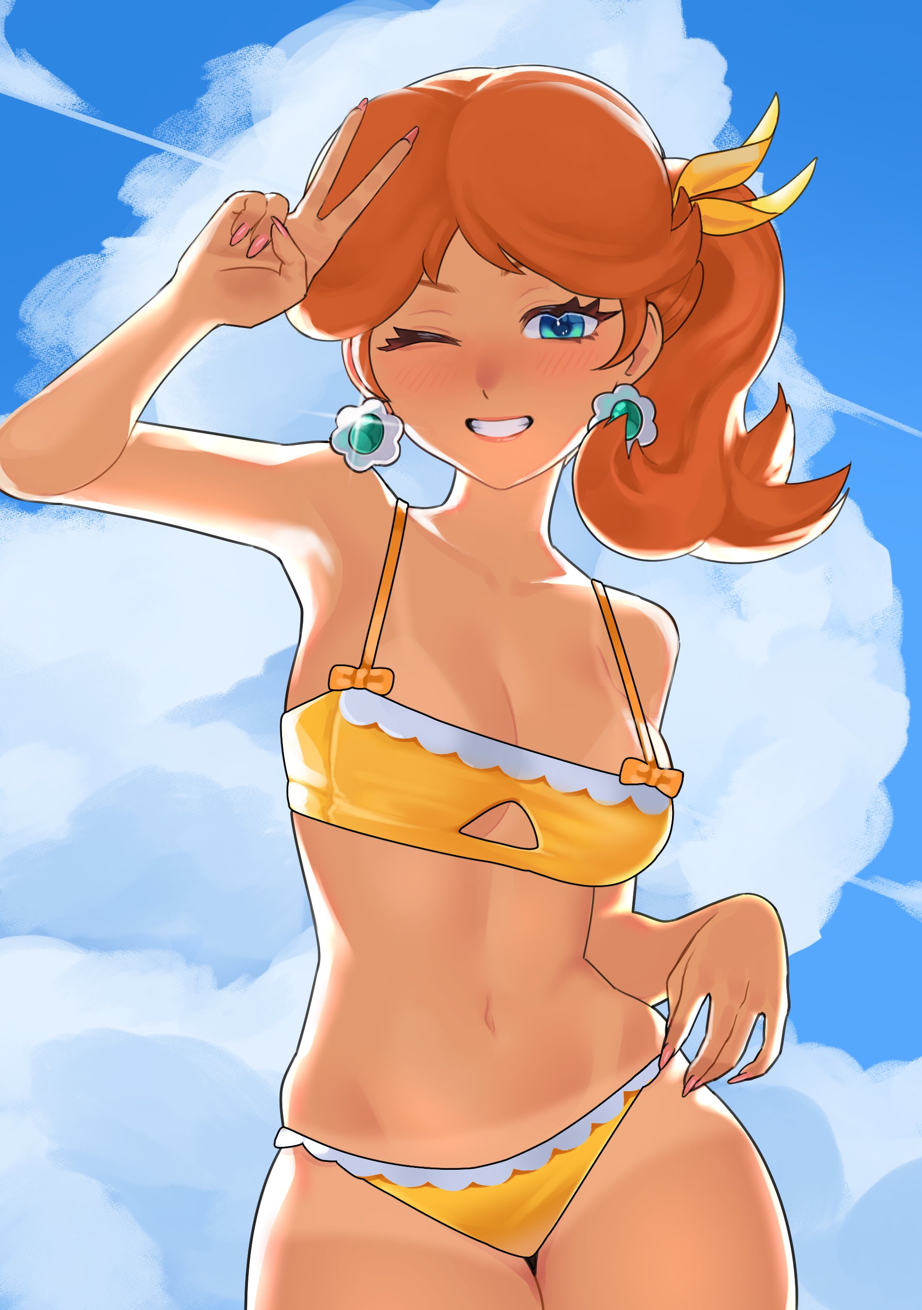 absurdres, bikini, blue sky, brown hair, cloud, earrings, female, flower earrings, highres, jewelry, long hair, looking at viewer, mario (series), midriff, nintendo, one eye closed, orange bikini, piisochan, princess daisy, side ponytail, sky, smile, swimsuit, v