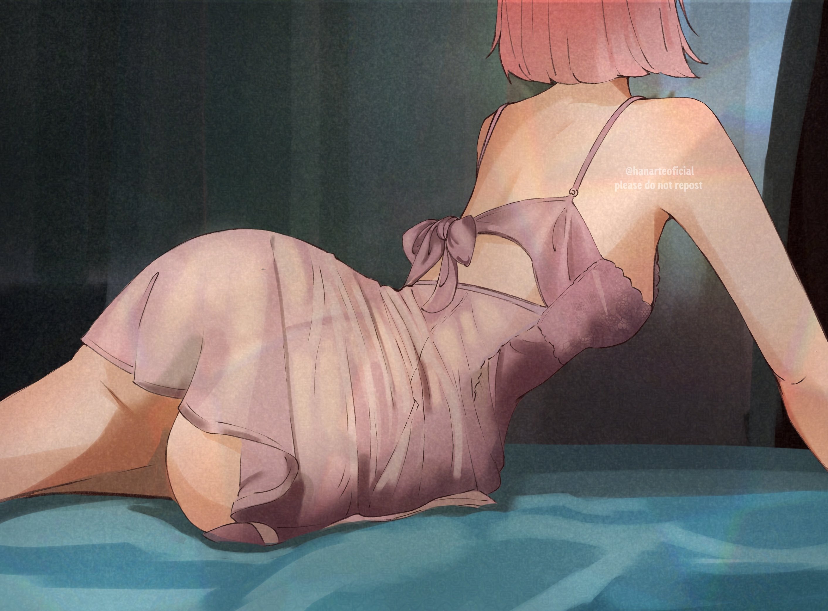 ass, bare shoulders, bed sheet, blunt ends, breasts, derivative work, facing away, female, from behind, hanarteoficial, highres, leaning forward, lingerie, medium breasts, naruto, naruto (series), on bed, pink hair, pink hair female, pink-haired female, purple negligee, sakura haruno, short hair, solo, twitter username, underwear