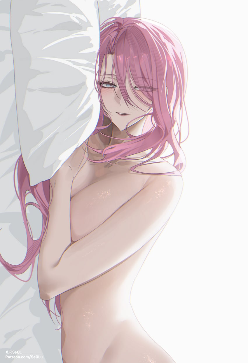 1girls, blue eyes, breasts, completely nude, female, honkai (series), honkai: star rail, jade (honkai: star rail), large breasts, long hair, looking at viewer, lying, nude, on back, on stomach, pillow, pink hair, seol (baconontheclock), tagme