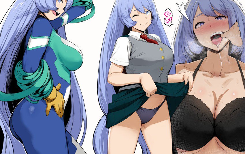 1girls, alternate breast size, alternate outfit, bimbo, blue eyes, blue hair, blue-haired female, bra, breasts, breath, cleavage, eye contact, female, female only, finger in mouth, hadou nejire, hadou nejire (hero outfit), half-closed eyes, heart-shaped pupils, heavy breathing, hero outfit (mha), hews hack, imminent sex, large breasts, light skin, light-skinned female, looking at viewer, my hero academia, nejire hado, nejire hado (hero outfit), panties, saliva, school uniform, sequence, skirt, skirt lift, solo, source request, student, thick thighs, thigh gap, tongue, tongue out, u.a. school uniform, voluptuous, wide hips, wink