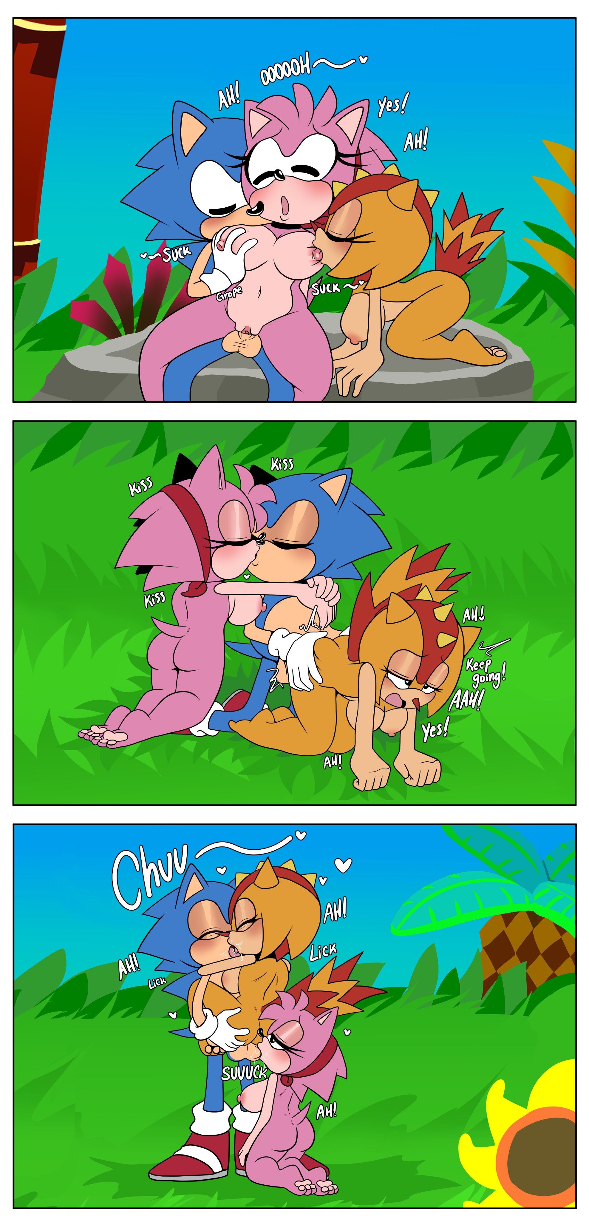 2girls1boy, amy rose, anthro, balls, blue fur, classic amy rose, classic sonic, comic, comic page, female, furry, hedgehog, kissing, ninotrash, pink body, pink fur, pink hair, pussy, reptile, sonic (series), sonic the hedgehog, sonic the hedgehog (series), sucking balls, sungazer (lizard), trip the sungazer, vaginal penetration