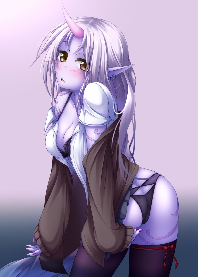 artist request, ass, black panties, blush, bra, caprine, earrings, female, horn, league of legends, lingerie, long hair, monster girl, panties, purple skin, riot games, shirt, soraka, source, stockings, tagme, thighhighs, underwear, white hair