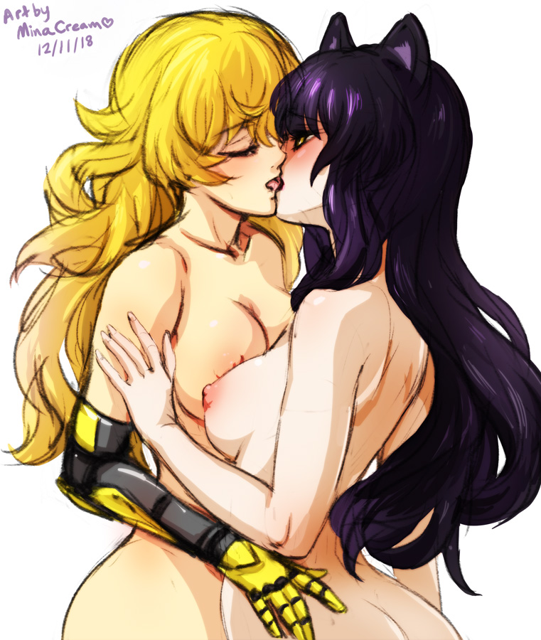 2girls, animal ears, areolae, artist name, ass, black hair, blake belladonna, blonde hair, blush, breasts, canon couple, cat ears, closed eyes, collarbone, couple, curvy, dated, duo, female, female only, hug, interspecies, kissing, long hair, looking at another, medium breasts, minacream, multiple females, multiple girls, mutual yuri, neck, nipples, nude, passionate, prosthetic, prosthetic arm, robotic arm, romantic, rwby, sideboob, simple background, sketch, white background, yang xiao long, yellow eyes, yuri