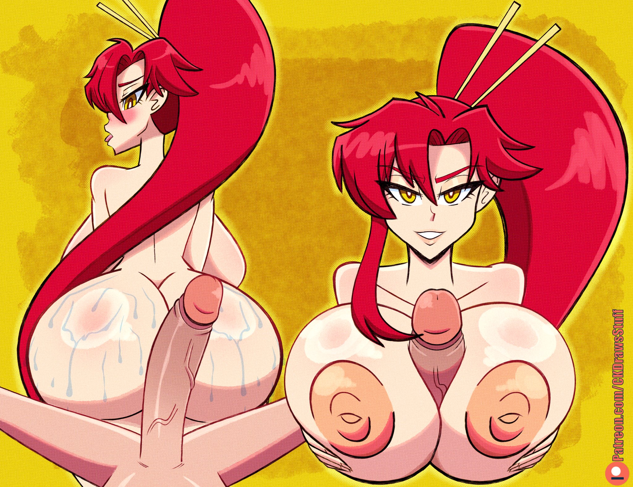 ass, backboob, blush, breasts, codykins123, huge ass, huge breasts, huge cock, long penis, nipples, paizuri, penis, ponytail, red hair, sweatdrop, tengen toppa gurren lagann, titjob, yellow eyes, yoko littner