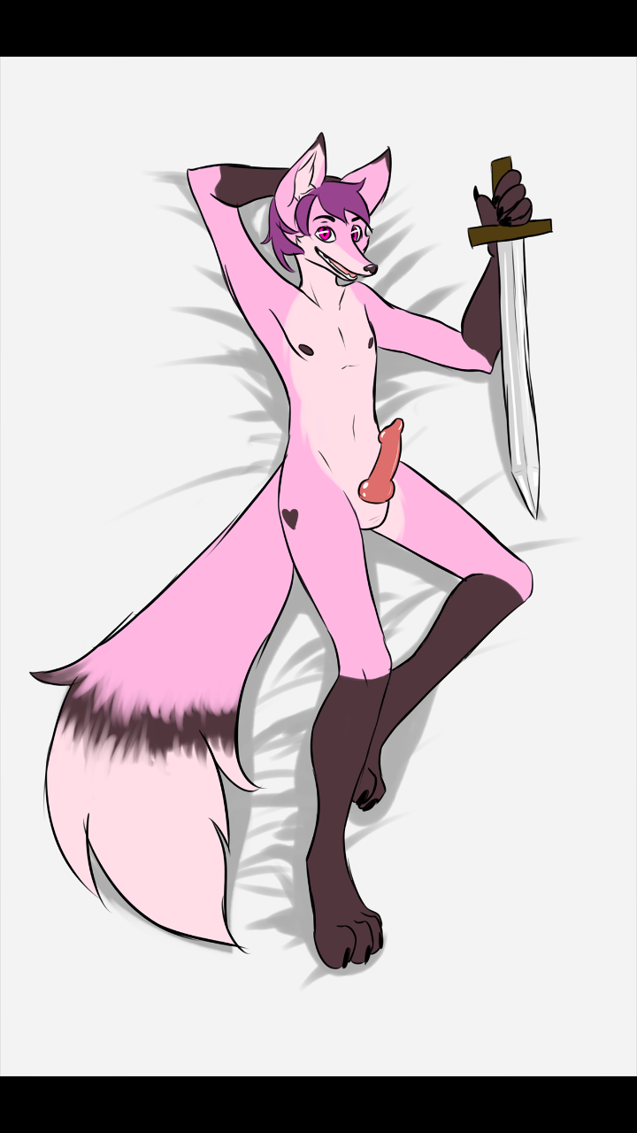 alex_rosefur heart hi_res male melee_weapon nude pink_fox presenting solo sword tattoo weapon yaoi