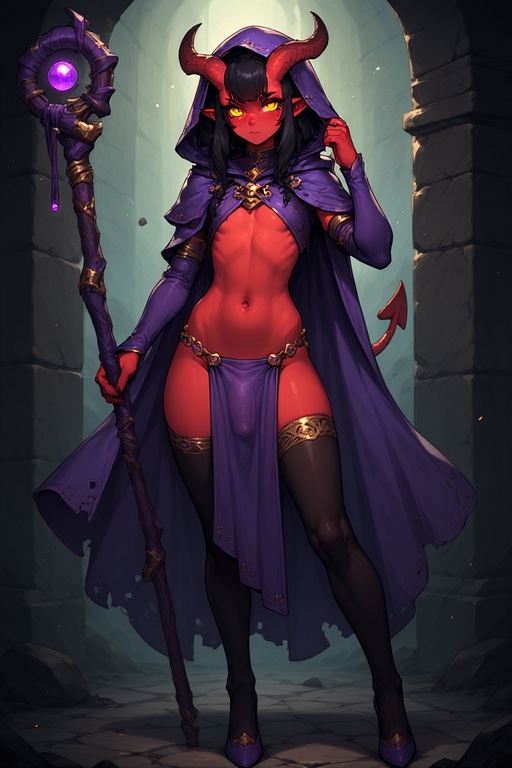 1boy, ai, ai art, ai assisted, ai generated, ai-created, black hair, black stockings, cute femboy, dickgirl, dnd character, fantasy, femboy, femboy only, femboysub, flat chest, futanari, heels, hood, horns, intersex, long hair, long stockings, mage, male, perchance ai, petite body, petite femboy, purple heels, red skin, staff, stockings, submissive femboy, submissive male, tail tiefling, tiefling, tiefling boy, tiefling femboy, tiny dick, yellow eyes
