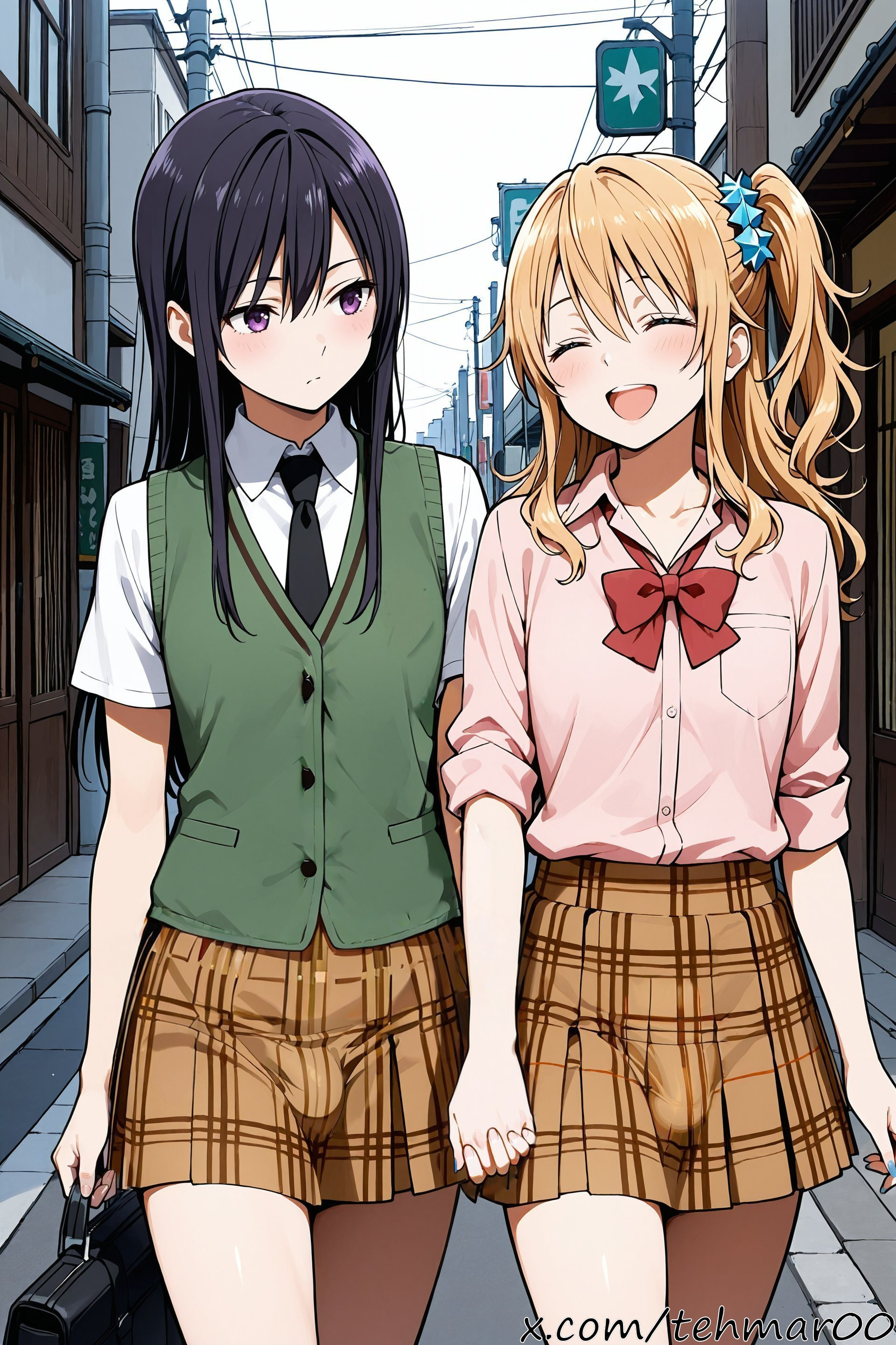 ^ ^, 2boys, adoptive brother (lore), adoptive brothers, adoptive siblings, ai generated, aihara mei, aihara yuzu, bag, black hair, black tie, blonde, blonde hair, blonde-haired male, blush, bow, brown skirt, bulge, bulge under clothes, canon couple, citrus (saburouta), closed eyes, couple, couple love, femboy, gay, gay couple, gay male, genderswap (ftm), gyaru-oh, gyaru-oh femboy, hair between eyes, hair ornament, holding, holding hands, inseki, josou seme, long hair, looking at another, male, males only, necktie, open mouth, outdoors, pink blouse, pink topwear, plaid skirt, purple eyes, romantic couple, rule 63, school bag, school uniform, scrunchie, seme, shirt, short hair, short sleeves, side ponytail, skirt, slim, slim male, slim waist, smile, smiling, smiling at partner, tagme, tehmar, tie, trans woman, transfem, trap, twink, twinks, uke, uniformed male, vest, white shirt, yaoi, yuri to yaoi
