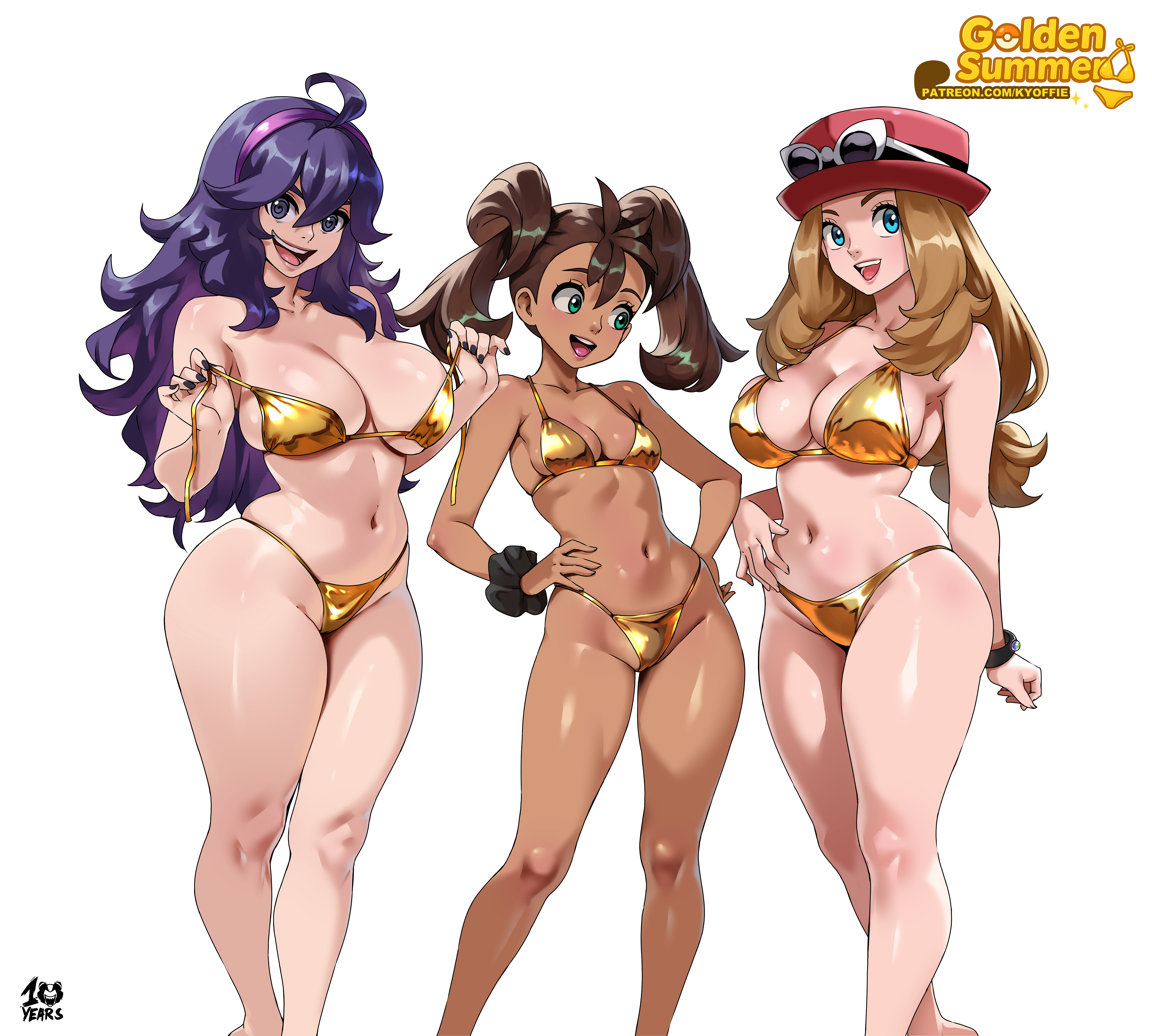 :d, 3girls, absurdres, ahoge, ai generated, barely contained, barely contained breasts, barely fits, bikini top pull, black nails, blonde hair, blonde-haired female, blue eyes, breasts, breasts too big, brown hair, brown-haired female, cleavage, collarbone, dark skin, dark-skinned female, eyewear on headwear, female, female only, game freak, green eyes, hands on own hips, hat, hex maniac, hex maniac (pokemon xy), highres, imminent wardrobe malfunction, kyoffie, long hair, looking at viewer, medium breasts, multiple females, multiple girls, navel, nintendo, open mouth, pokemon, pokemon xy, purple hair, purple-haired female, red hat, scrunchie, serena (pokemon games), serena (pokemon), shauna (pokemon), simple background, smile, standing, stomach, straining clothing, tight bikini, tight clothes, tight clothing, tight fit, tight swimsuit, tight swimwear, too tight, twintails, undersized clothes, undersized clothing, very long hair, wavy hair, white background, white-framed eyewear, wrist scrunchie