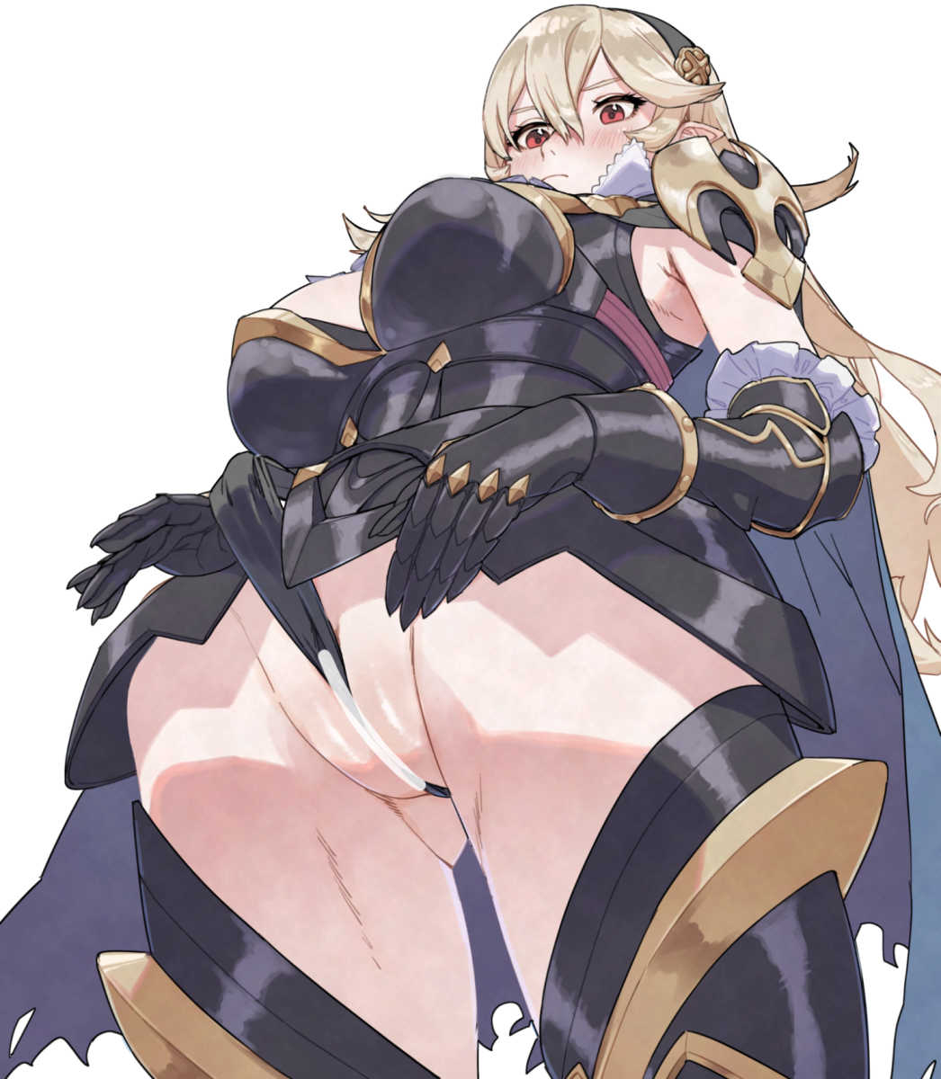 1girls, armor, black armor, black gloves, blush, breasts, cape, censored, corrin (fire emblem), corrin (fire emblem) (female), female, female only, fire emblem, fire emblem fates, from below, gauntlets, gloves, hairband, leotard, long hair, looking down, pointy ears, pussy, red eyes, simple background, solo, toasttabeyo, white background, white hair