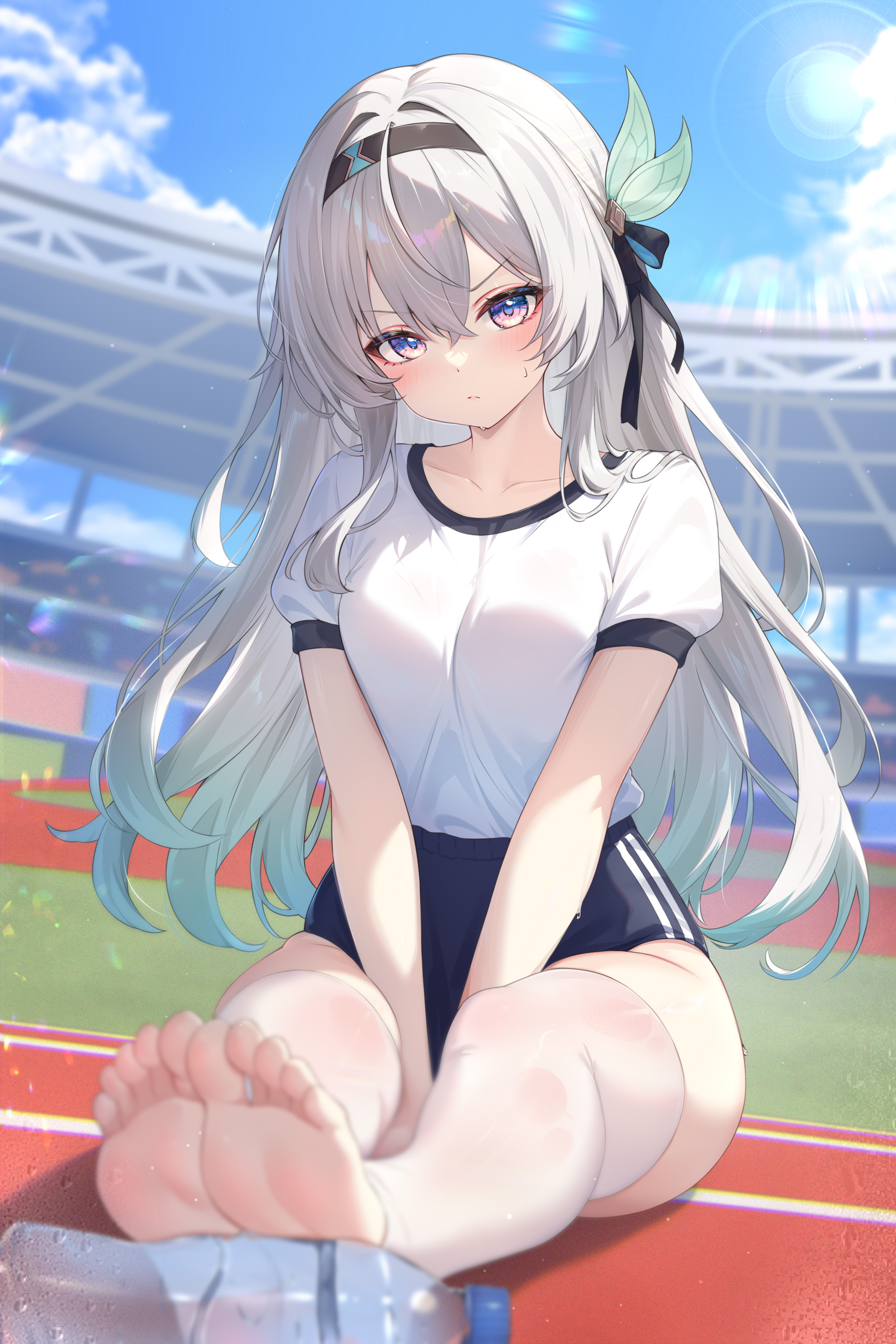 absurdres, alternate costume, arms between legs, barefoot, black hairband, blue buruma, blue sky, blurry, blurry foreground, blush, bottle, breasts, buruma, closed mouth, cloud, cloudy sky, commentary, crossed bangs, day, duplicate, feet, female, firefly (honkai: star rail), grey hair, gym uniform, hair between eyes, hair intakes, hair ornament, hairband, hashtag-only commentary, highres, honkai (series), honkai: star rail, kuroida, long hair, looking at viewer, outdoors, paid reward available, pixel-perfect duplicate, plastic bottle, puffy short sleeves, puffy sleeves, purple eyes, running track, shirt, shirt tucked in, short sleeves, sitting, sky, soles, solo, stirrup legwear, sunlight, symbol-only commentary, thighhighs, thighs, toeless legwear, toes, v arms, v-shaped eyebrows, water bottle, white shirt, white thighhighs