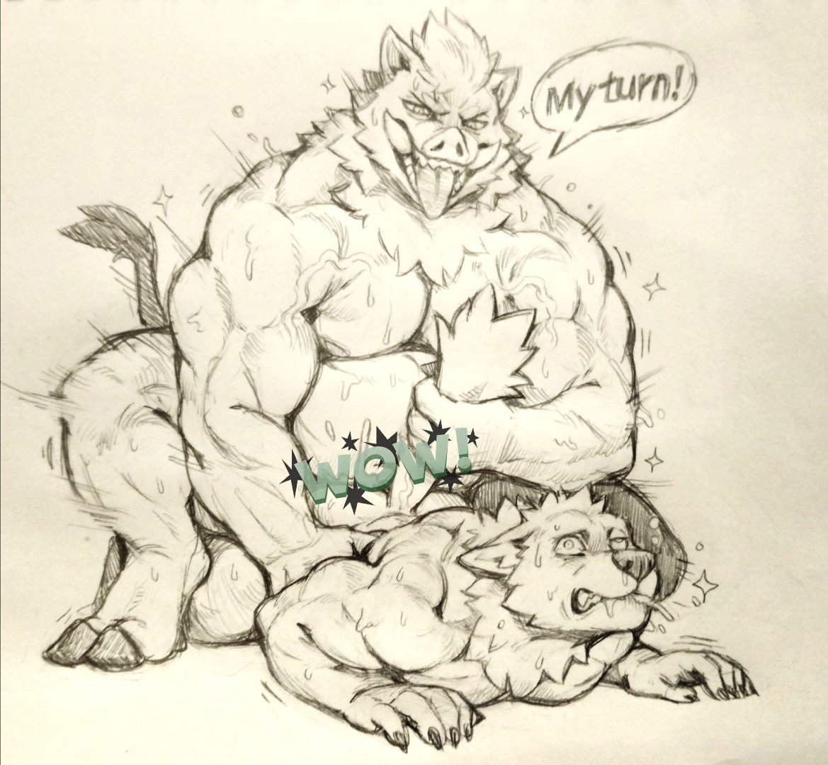 2boys anal anthro anthro_on_anthro biceps canid canine canis drooling duo english_text gay jacketbear kemono male male_only mammal muscular muscular_male nipples pecs rough_sex saliva sex suid suina sus_(pig) text vein wild_boar wolf yaoi