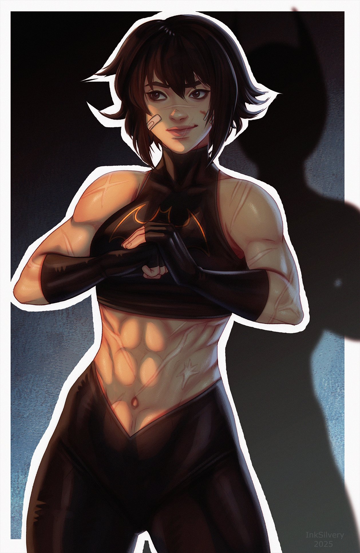 abs, batgirl (cassandra cain), batman (series), black hair, cassandra cain, dc, dc comics, female, inksilvery, muscular, muscular female, scar, scar on face, scars, scars all over, sportswear
