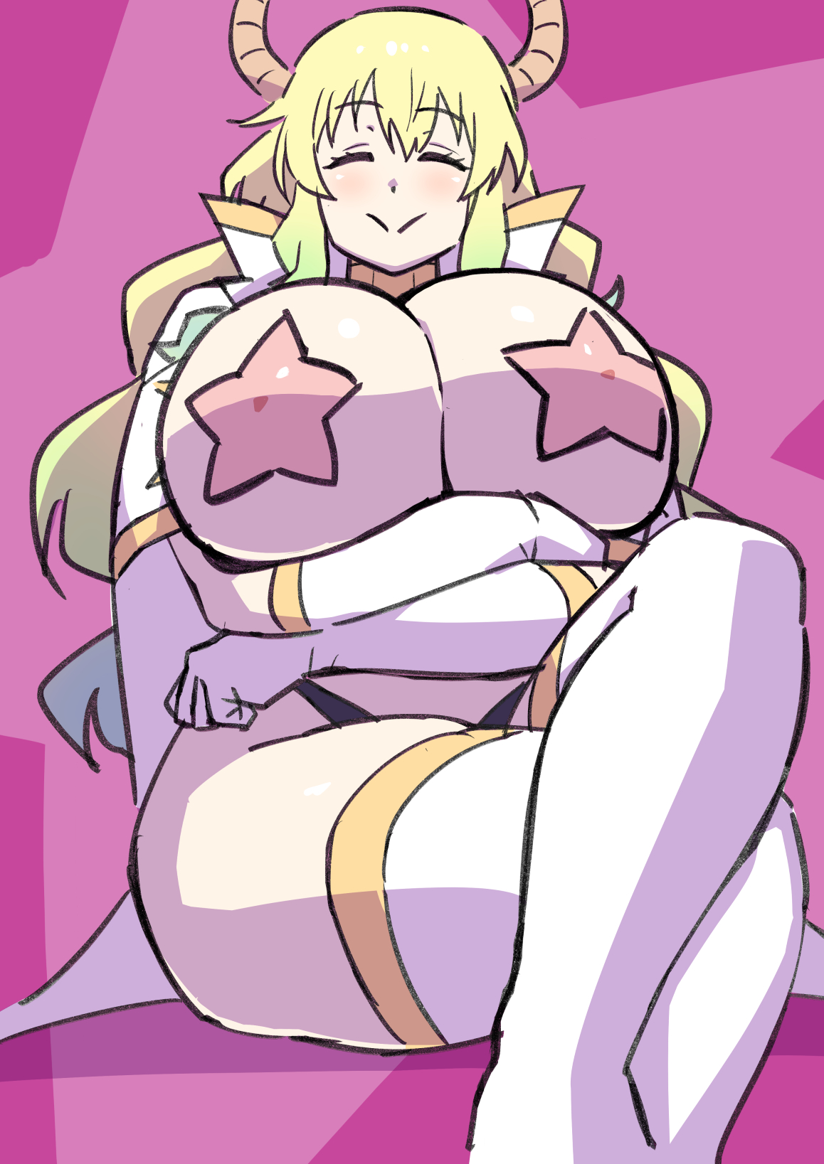 blonde hair, breasts, closed eyes, cosplay, crossed arms, female, female focus, gloves, highres, horns, huge breasts, kobayashi-san chi no maidragon, lucoa (maidragon), pasties, pink background, smile, solo, star (symbol), star pasties, tengen toppa gurren lagann, tetrodotoxin, thick thighs, thighhighs, thighs, white gloves, white thighhighs, wide hips, yoko littner (cosplay)