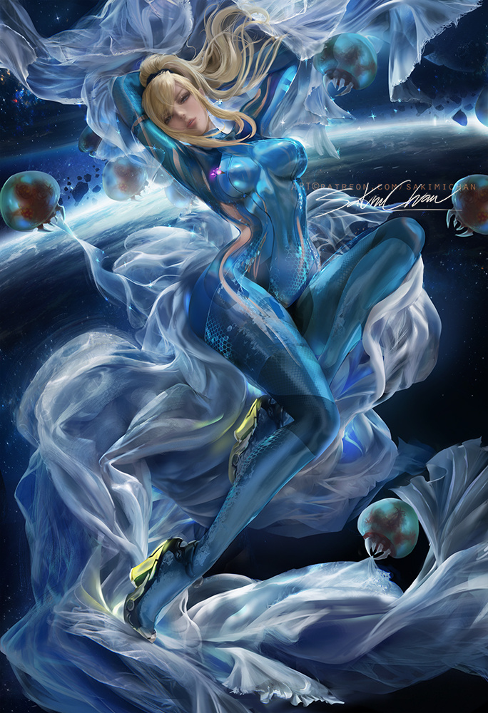 1girls, arms behind head, blonde hair, blue eyes, bodysuit, breasts, cleavage, female, female only, high heels, looking at viewer, metroid, nintendo, pinup, realistic, sakimichan, samus aran, solo, zero suit, zero suit samus