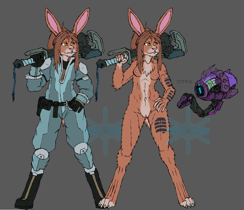 anthro breasts brown_hair clothing female frostwyrm102 fur hair lagomorph machine mammal nude orange_fur pussy rabbit robot simple_background tools traditional_media_(artwork) wrench