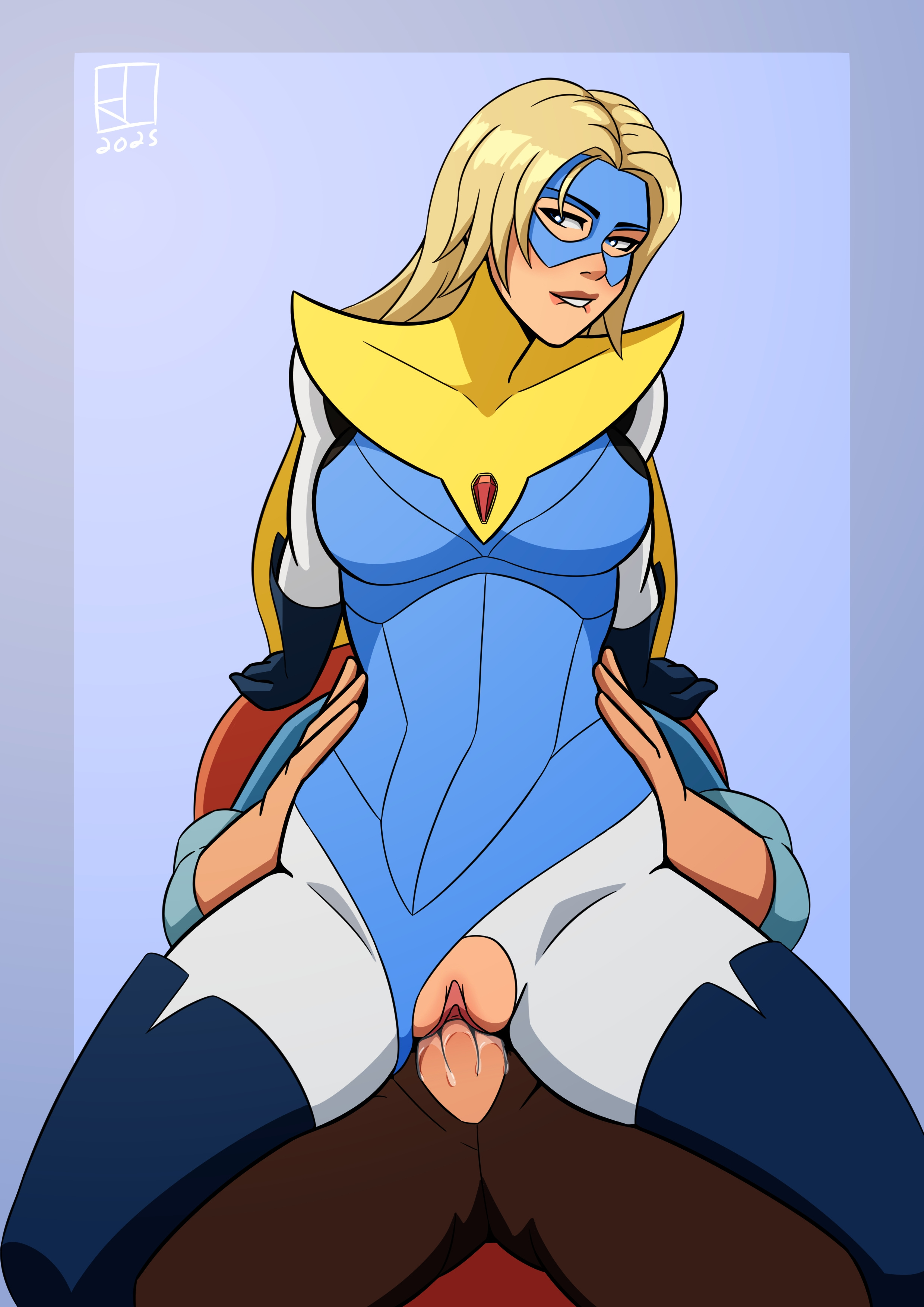 1boy, 1girl1boy, 1girls, blonde blazer, blonde female, blonde hair, blue eyes, blue thigh boots, brown hair, clothed female nude male, cowgirl position, desk, dispatch (game), female, female penetrated, gloved hands, gloves, half mask, hornyjaillifer, male, male/female, mask, masked female, nude, nude male, nude male clothed female, office, penetration, penis, pussy, robert robertson, sex, short hair, straight, superhero, superhero costume, superheroine, thigh boots, vaginal penetration