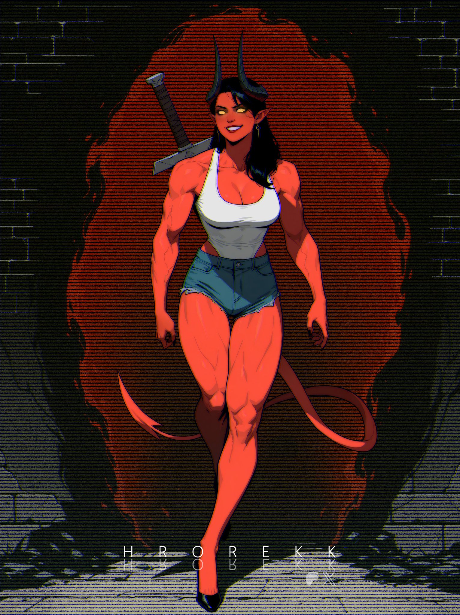 1girls, ai generated, big ass, big breasts, big thighs, booty shorts, breasts, curvaceous, curvy, curvy figure, demon, demon girl, demoness, denim shorts, digital media (artwork), dispatch (game), female, glowing eyes, half demon, half-demon, hips, horn, horns, hourglass figure, hrorekk, jean shorts, legs, malevola gibb, mature, mature female, muscles, muscular, muscular arms, muscular female, muscular legs, red body, red skin, red-skinned female, slim waist, straight, sword, sword on back, thick, thick hips, thick legs, thick thighs, thighs, voluptuous, waist, weapon, weapon on back, wide hips