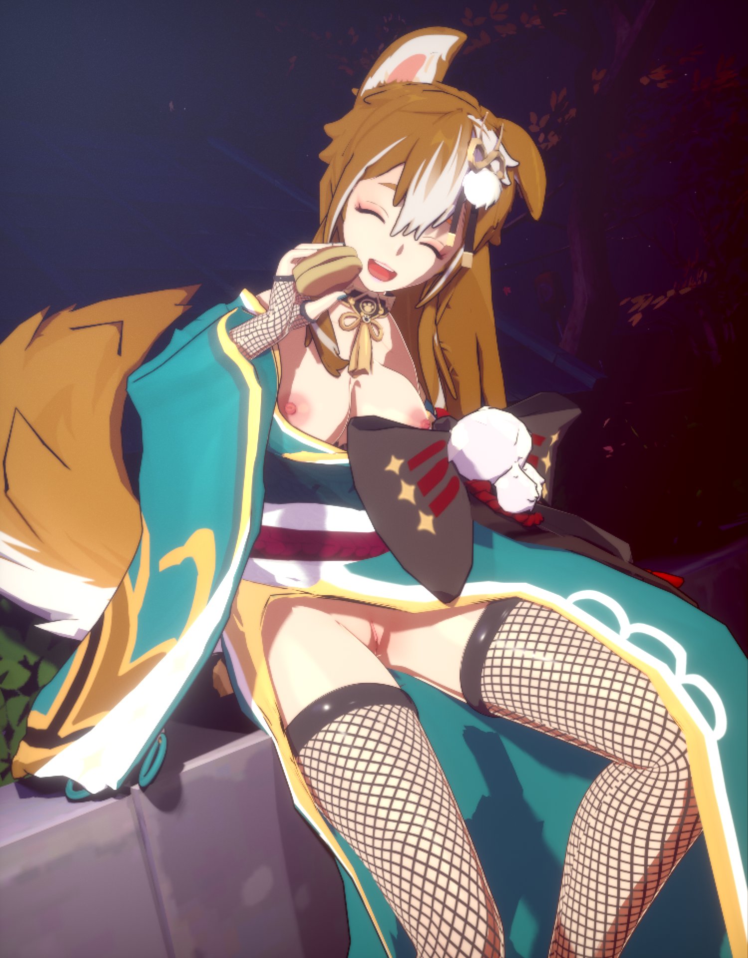 1girls, 3d, animal ears, blender (software), brown hair, canon genderswap, clitoris, cute, dog ears, dog girl, dorayaki, eating, exhibitionism, exposed breasts, exposed nipples, exposed pussy, fishnet armwear, fishnet legwear, fishnet stockings, fishnets, food, genderswap, genshin impact, gorou (genshin impact), happy, hoyoverse, kimono, long hair, mihoyo, ms hina (genshin impact), passengerlamp, public, public exposure, puppy girl, rule 63, solo, solo female, solo focus, sweet, tail, vagina