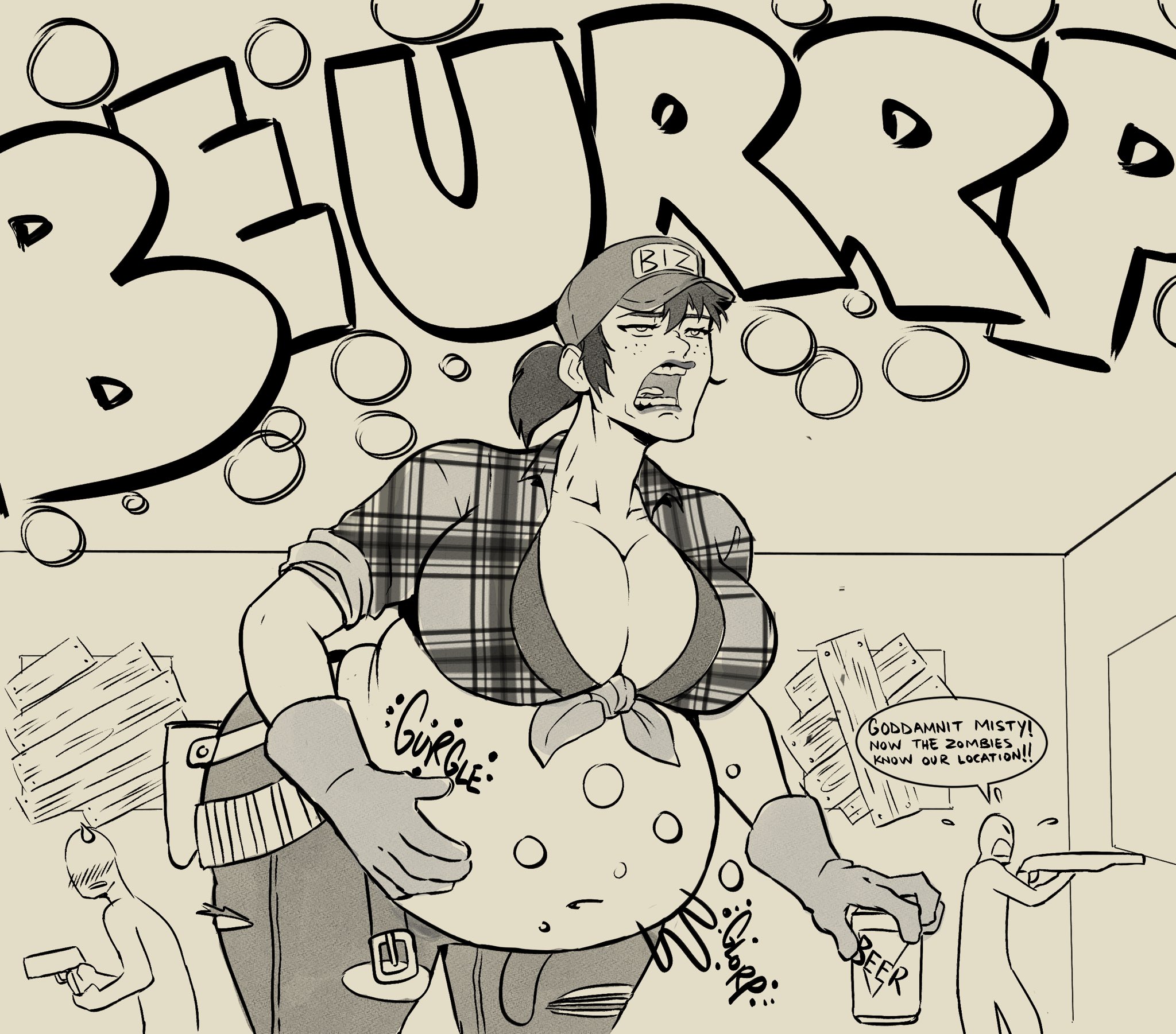 1girls, 5 fingers, abigail briarton, activision, background characters, bbw, beastbizkit, beer, belly grab, big belly, bloated belly, blush, breasts, burping, call of duty, call of duty black ops 2, call of duty zombies, cleavage, collarbone, eyelashes, fat, fat female, female, female focus, freckles, freckles on face, gloves, gun, half-closed eyes, hand on belly, holding object, holster, human, jeans, leaning forward, lipstick, misty (cod-bops-2), motion lines, navel, obese, obese female, onomatopoeia, overweight, overweight female, plaid, ponytail, sweatdrop, text, treyarch, unbuckled belt