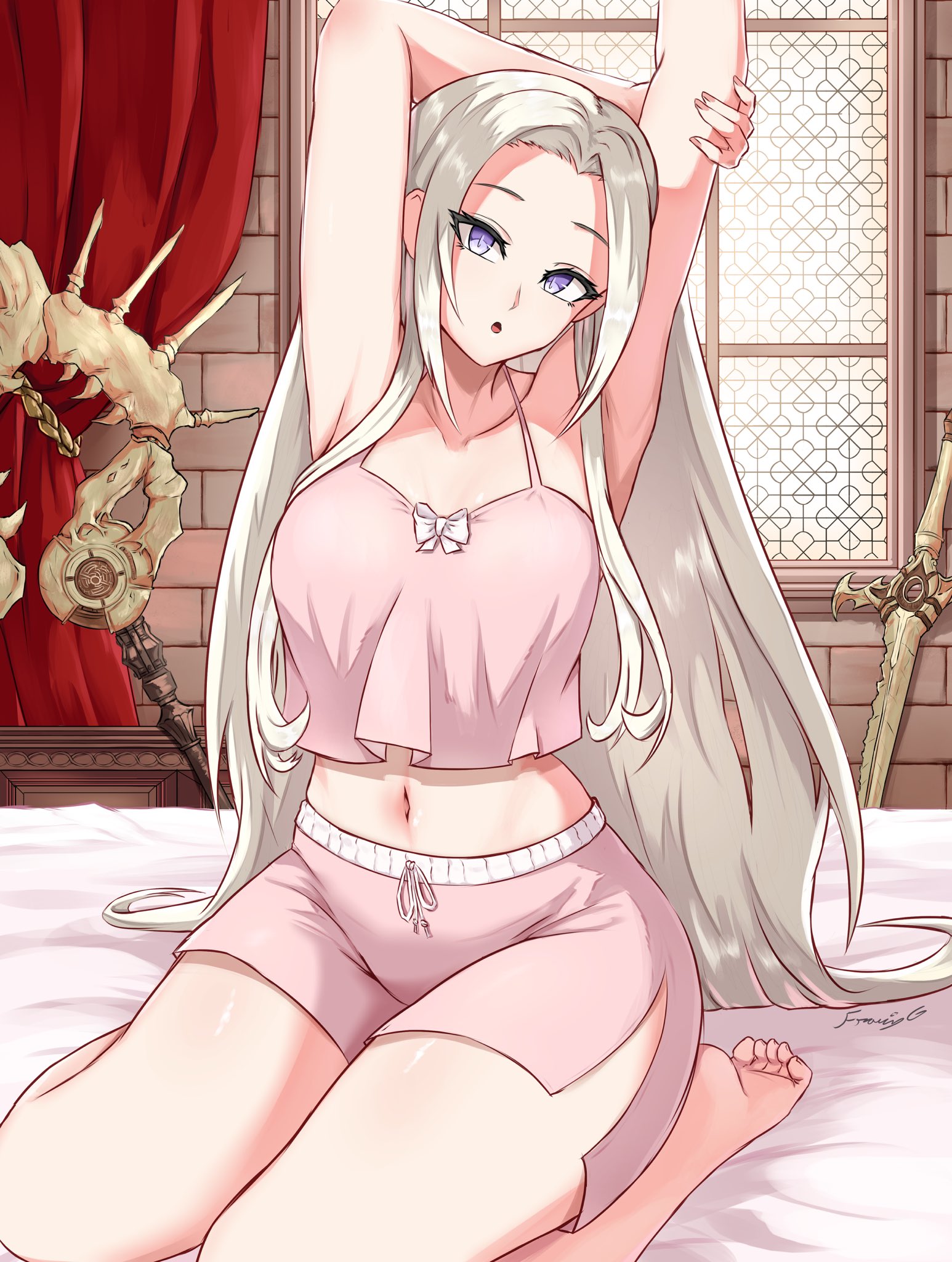 :o, 1girls, alternate costume, axe, commentary, curtains, edelgard von hresvelg, english commentary, female, female only, fgsketch, fire emblem, fire emblem: three houses, grey hair, highres, indoors, long hair, looking at viewer, midriff, nintendo, purple eyes, signature, sitting, solo, sword, sword of the creator, thighs, weapon, window