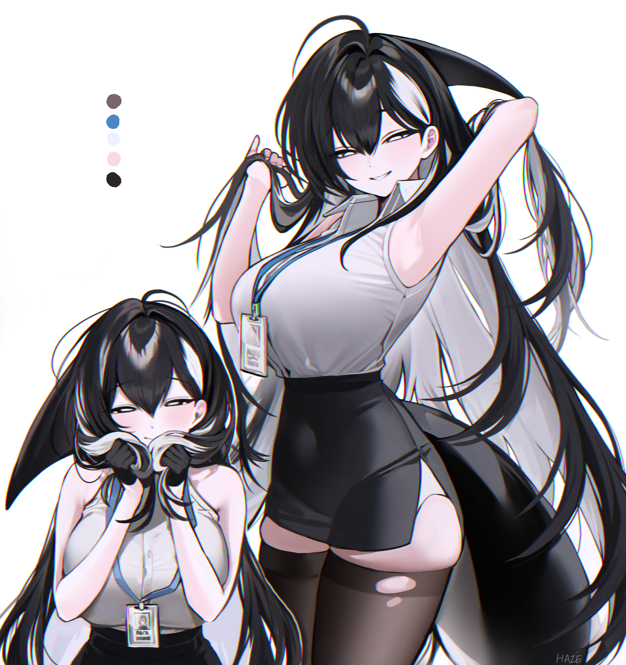 1girls, adjusting hair, ahoge, animal ears, animal tail, armpits, black gloves, black hair, black skirt, black thighhighs, breasts, cetacean tail, colored inner hair, commentary, covered navel, english commentary, female, female only, fins, fish tail, gloves, grin, hair between eyes, hair intakes, half gloves, haze (7h4ze), highres, holding, holding own hair, huge breasts, kemonomimi, lanyard, long hair, looking at viewer, multicolored hair, multiple views, office lady, orca, orca girl, original, parted lips, pencil skirt, photo-referenced, shirt, simple background, skindentation, skirt, sleeveless, sleeveless shirt, smile, solo, tail, thighhighs, torn clothes, torn legwear, torn thighhighs, very long hair, white background, white hair, white shirt