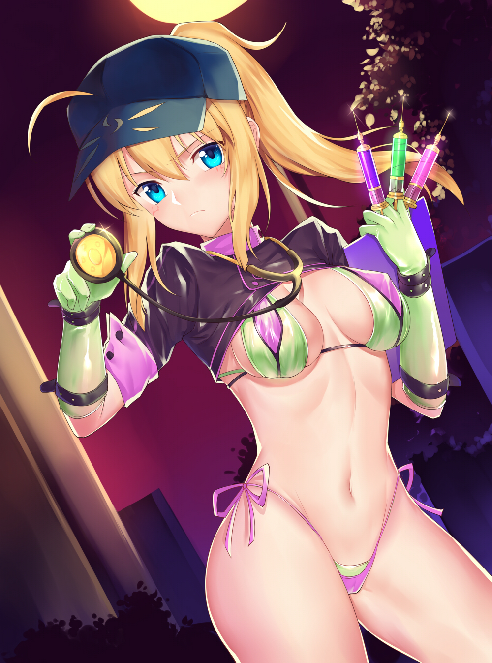 1girls artoria_pendragon bikini blonde_eyebrows blonde_hair blue_cap blue_eyes breasts cap cosplay eyebrows eyebrows_visible_through_hair fate/grand_order fate_(series) female female_only gloves hair hair_between_eyes hat holding_stethoscope latex latex_gloves looking_at_viewer medium_breasts mysterious_heroine_x needle stethoscope trick_or_treatment