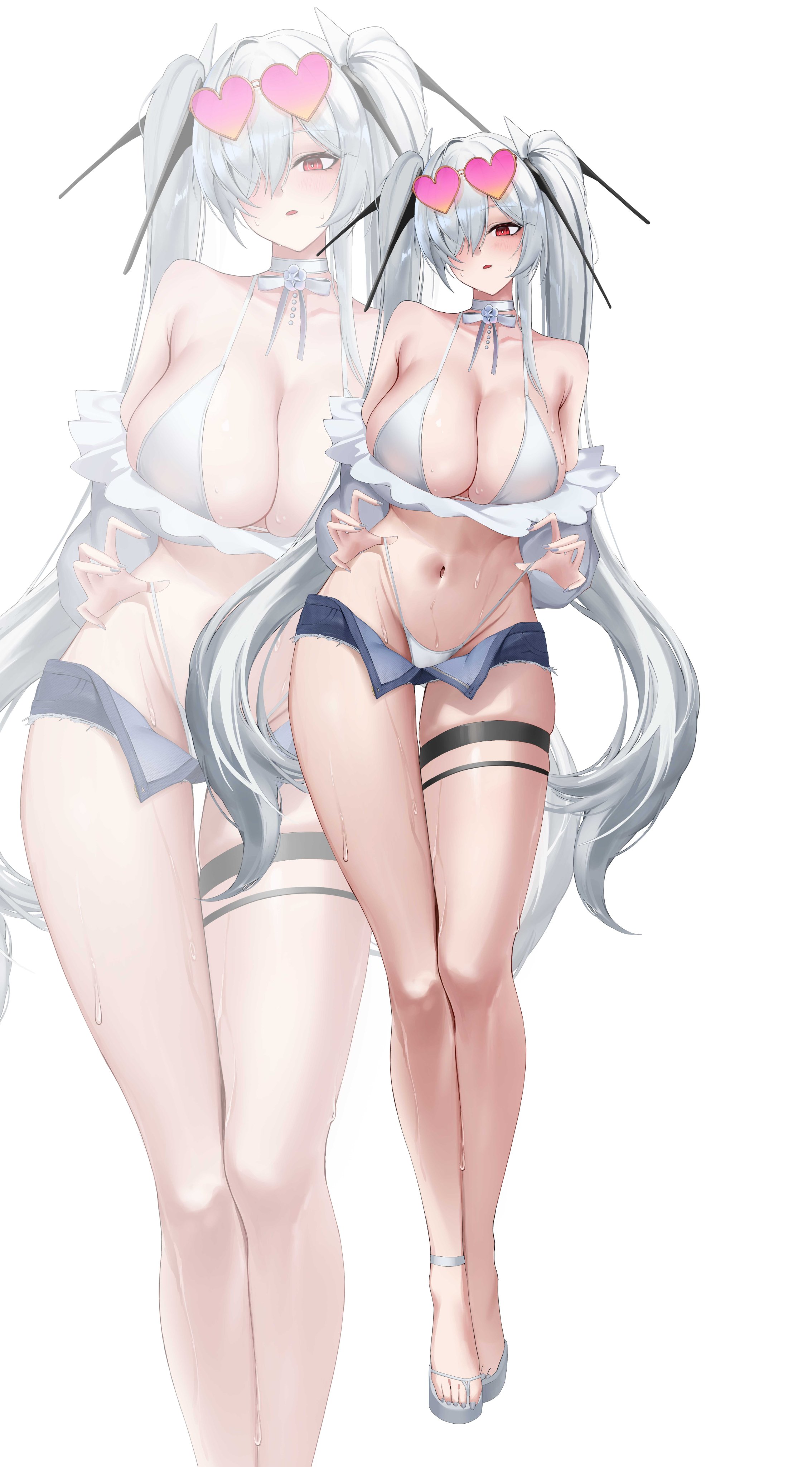 absurdres, ankle strap, bikini, bikini pull, bikini under clothes, bow, bowtie, breasts, choker, cinderella (nikke), clothes pull, denim, denim shorts, eyewear on head, female, frills, full body, goddess of victory: nikke, grey hair, hair over one eye, headgear, heart, heart-shaped eyewear, highres, large breasts, long hair, long sleeves, looking at viewer, micro shorts, nevin (flyskying), off shoulder, off-shoulder shirt, open clothes, open mouth, open shorts, red eyes, shirt, shoes, shorts, solo, standing, sweat, swimsuit, thigh strap, twintails, very long hair, white background, white bikini, white bow, white bowtie, white choker, white shirt, white shoes, zoom layer