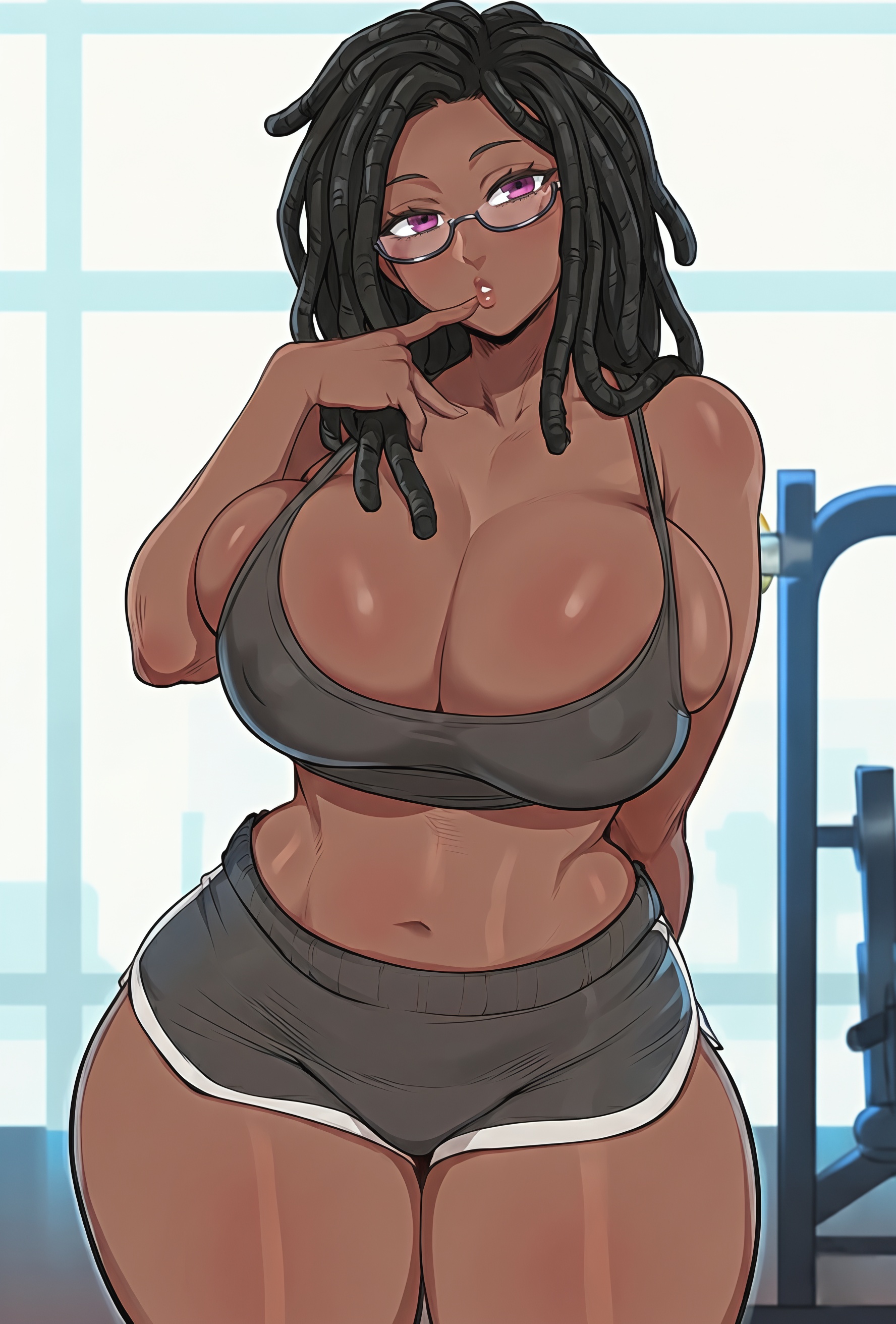 1girls, african female, ai generated, big breasts, black hair, black woman, cleavage, dark skin, dark-skinned female, dreadlocks, female, female only, glasses, gym, gym uniform, huge breasts, looking at viewer, mrtecta, original, original character, purple eyes, shorts, solo, solo female, tank top, thick, thighs