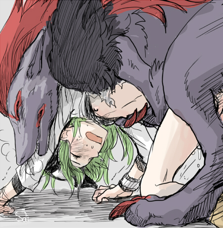 anal, bent over, blush, bracelet, feral, feral on human, feral on male, feral penetrating, feral penetrating human, from behind, green hair, grey fur, human, human penetrated, long hair, lowres, male, male only, natural harmonia gropius, pokemon, pokemon (species), pokemon bw, pokephilia, red fur, saibny, yaoi, zoroark