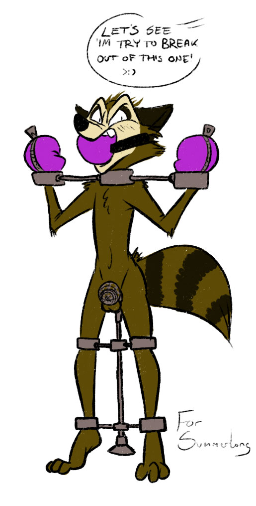 angry anthro ball_gag balls bondage bound chastity collar dialogue feet gag gagged gordian guardians_of_the_galaxy male male_only marvel mitts one-bar_prison penis rocket_raccoon solo spreader_bar