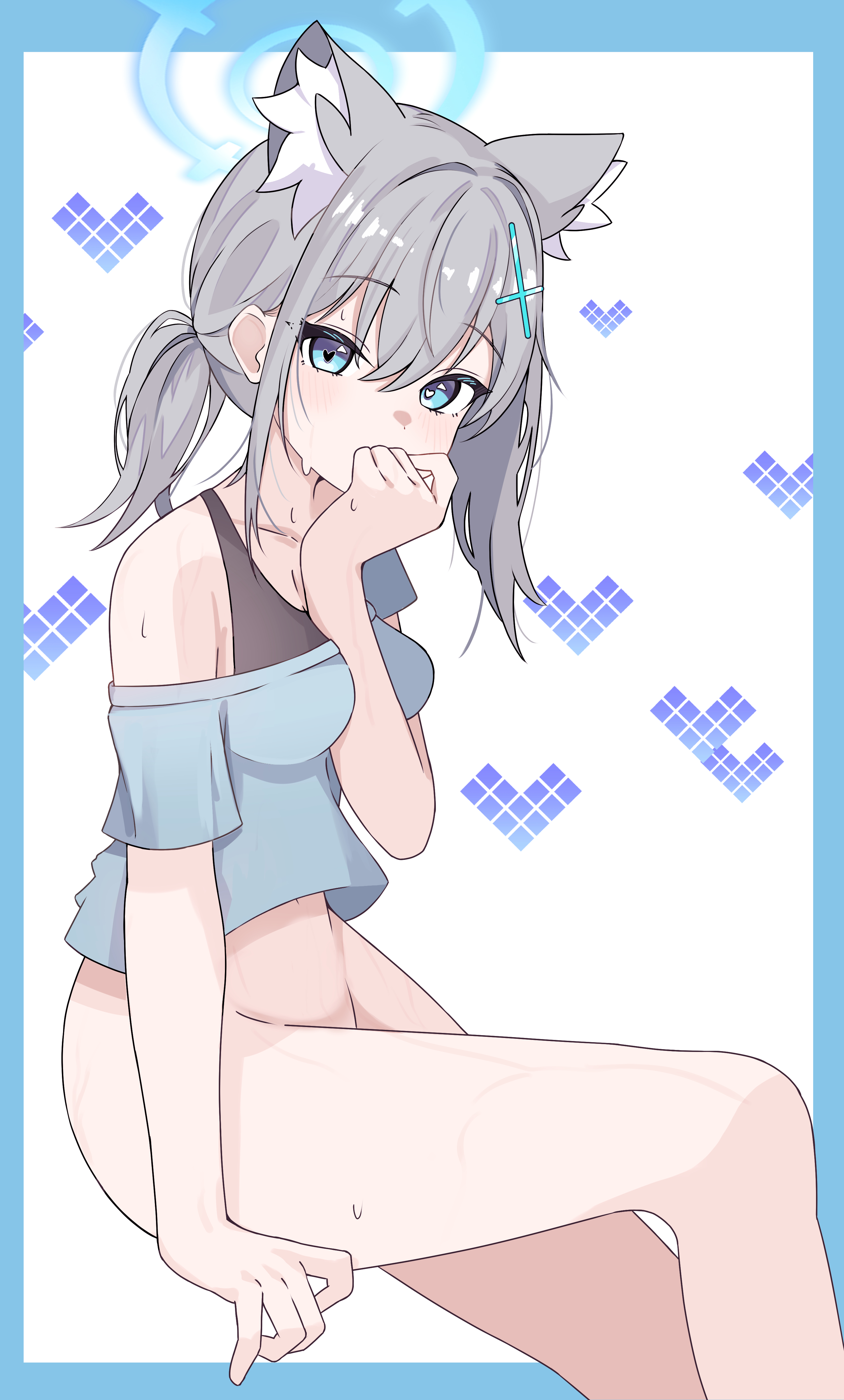 absurdres, alternate hairstyle, animal ear fluff, animal ears, between breasts, black bra, blue archive, blue eyes, blue halo, blue shirt, blush, bottomless, bra, breasts, collar, commentary, female, grey hair, hair ornament, halo, heart, heart in eye, highres, kanimiso30601, looking at viewer, medium hair, off shoulder, off-shoulder shirt, ponytail, shiroko (blue archive), shirt, sidelocks, solo, symbol in eye, underwear, wet, white background