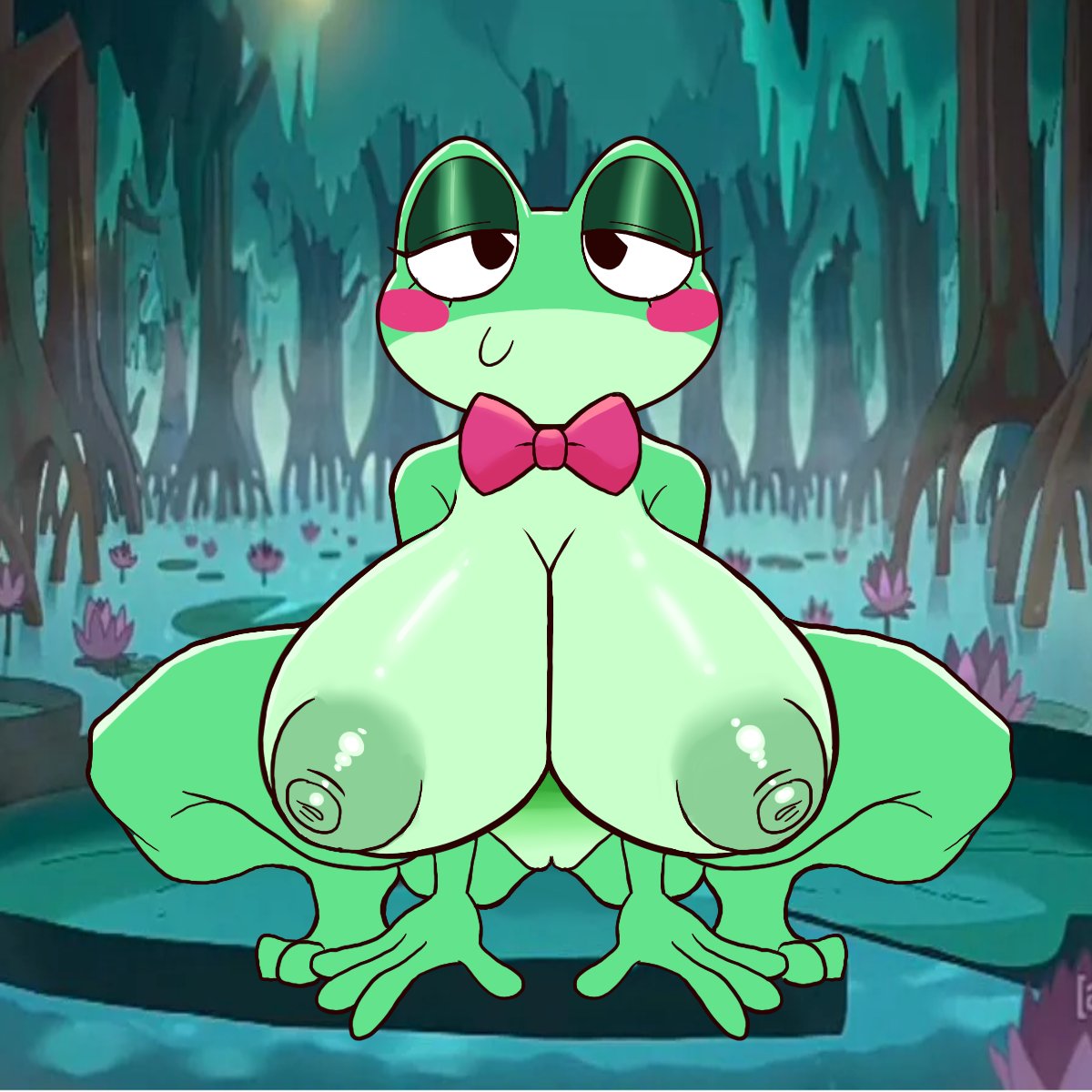 1girls, 2 toes, 2d, 2d (artwork), 4 fingers, anthro, anthrofied, blush, blush stickers, blushing female, bowtie, breasts, breasts bigger than head, casual, crouching, detailed background, digital media (artwork), eyelashes, female, female only, frog, frog girl, glitch productions, half-closed eyes, humanoid, light skin, light-skinned female, looking at viewer, melonmiloc, mostly nude, naked, naked female, neckwear, neckwear only, nipples, nonsexual, nonsexual nudity, nude, nude female, pussy, ribbit (the amazing digital circus), smile, smile at viewer, smiley face, smiling, smiling at viewer, smiling friends, swamp, the amazing digital circus, tree
