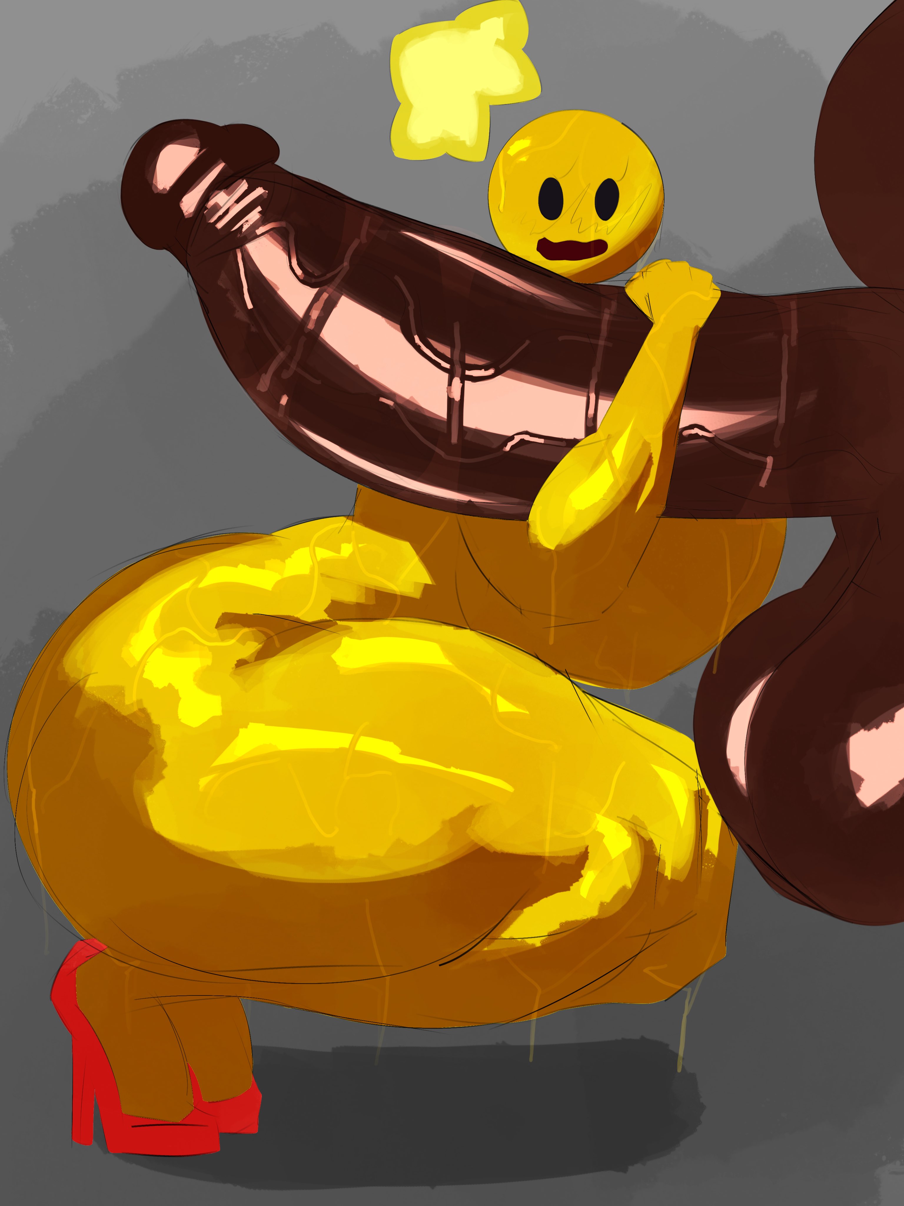 1boy, 1girls, adawndraws, asscheeks, ballsack, big ass, big breasts, big cock, big hips, big penis, big thighs, blush, breasts, crouching, crouching female, dark penis, dark skin, dark-skinned male, dark-skinned penis, female, footwear, foreskin, foreskin folds, full body, heels, hi res, high resolution, holding penis, huge ass, huge breasts, huge cock, huge hips, huge thighs, imminent sex, interracial, looking at penis, male, mario (series), mario and luigi (series), mob face, naked, naked female, nintendo, nude, nude female, open mouth, penis, red heels, simple background, starlow, starlow with a body, super mario bros., sweat, sweatdrop, sweating, sweaty, sweaty ass, sweaty body, uncircumcised, veiny, veiny penis, voluptuous, voluptuous female, yellow body, yellow skin
