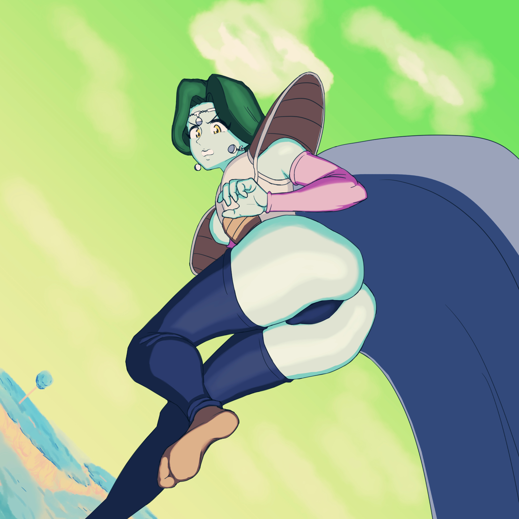 big butt, blue skin, cape, dragon ball, dragon ball z, femboy, femboy only, green hair, leggings, legwear, thick thighs, zarbon
