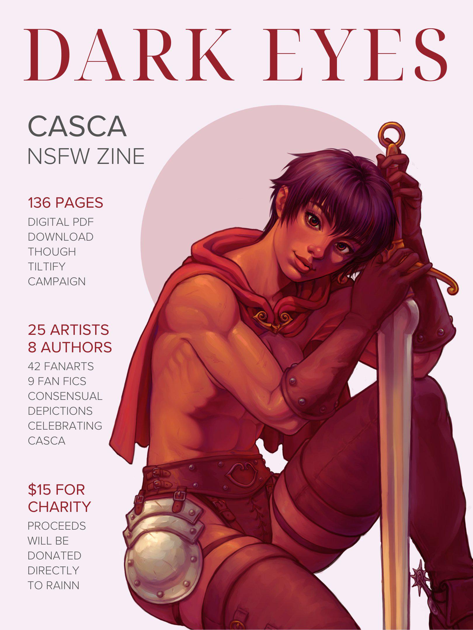 1girls, abs, berserk, brown eyes, cape, casca, cleavage, convenient censoring, cover, dark-skinned female, english text, female, female only, hi res, human, looking at viewer, magazine cover, prince revenant, short hair, sitting, skindentation, sword, text, thighhigh boots, thighhighs, tomboy, topless, very short hair