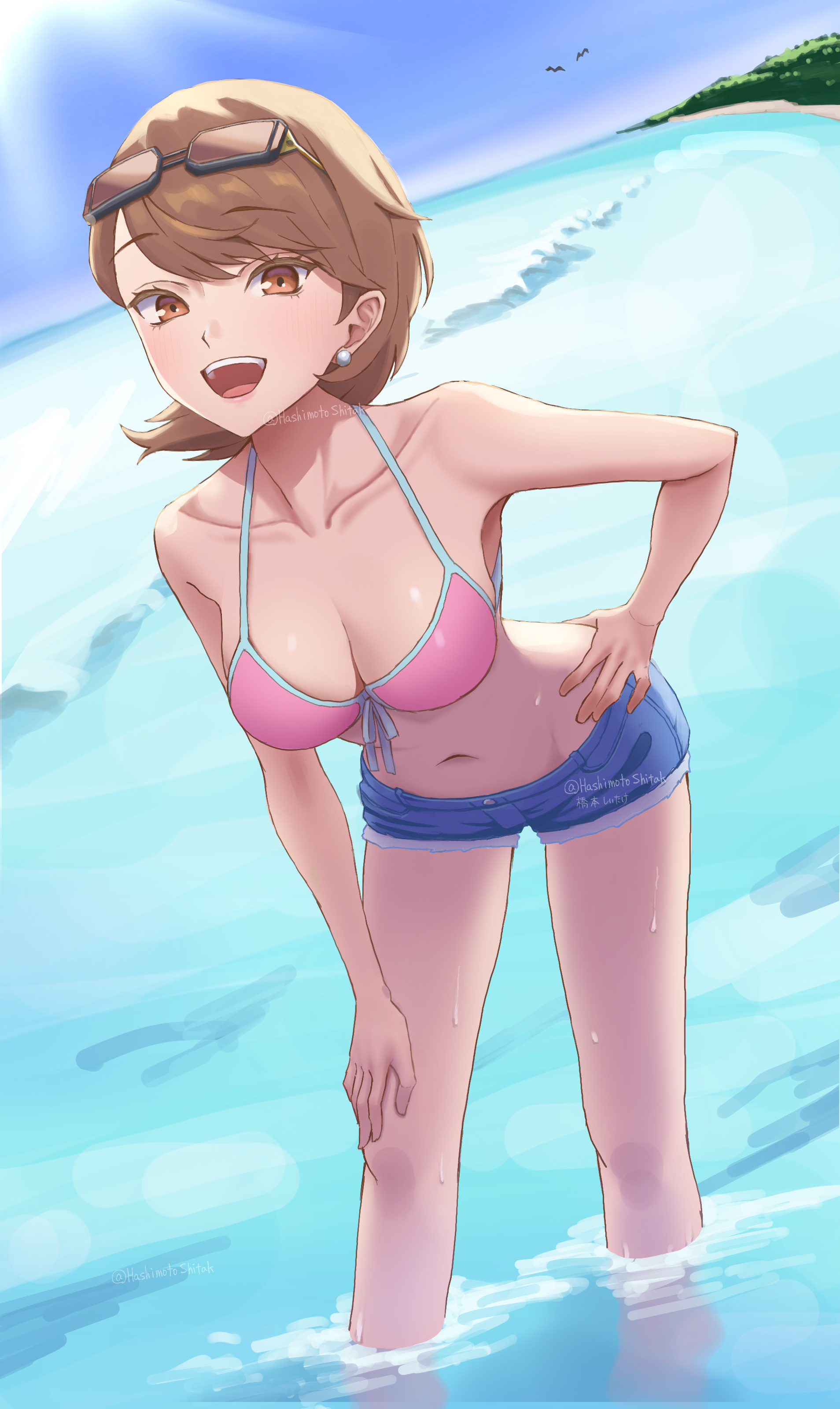 absurdres, bare arms, bare legs, bare shoulders, beach, bikini, bikini top only, bird, blue shorts, blue sky, breasts, brown eyes, brown hair, collarbone, commentary request, denim, denim shorts, earrings, eyewear on head, feet out of frame, female, flipped hair, front-tie bikini top, front-tie top, halterneck, hand on own hip, hand on own knee, highres, jewelry, leaning forward, looking at viewer, medium breasts, navel, ocean, official alternate costume, open mouth, outdoors, papapa yoisyo, pearl earrings, persona, persona 3, pink bikini, short hair, short shorts, shorts, sky, solo, standing, stomach, sunglasses, sunlight, swimsuit, teeth, twitter username, upper teeth only, wading, water, wet, yukari takeba, yukari takeba (swimsuit)